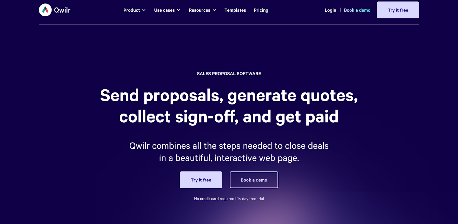 Screenshot der Qwilr-Startseite – präsentiert interaktive Angebotsunterlagen für ein modernes Kundenerlebnis