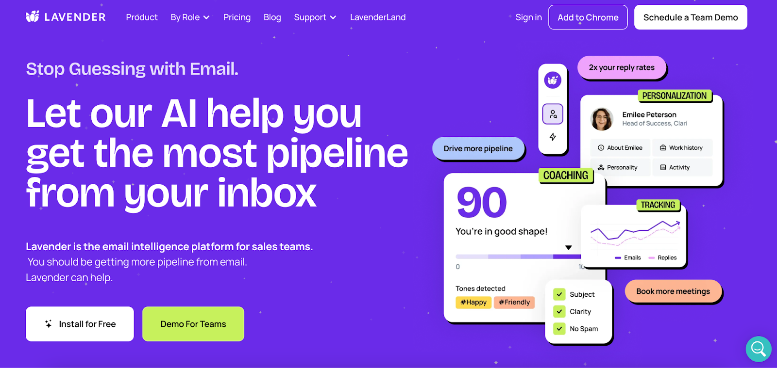 Screenshot der Startseite von Lavender.ai – KI-gestütztes Tool zur Optimierung von Vertriebs-E-Mails mit Fokus auf Echtzeit-Feedback und höhere Antwortquoten