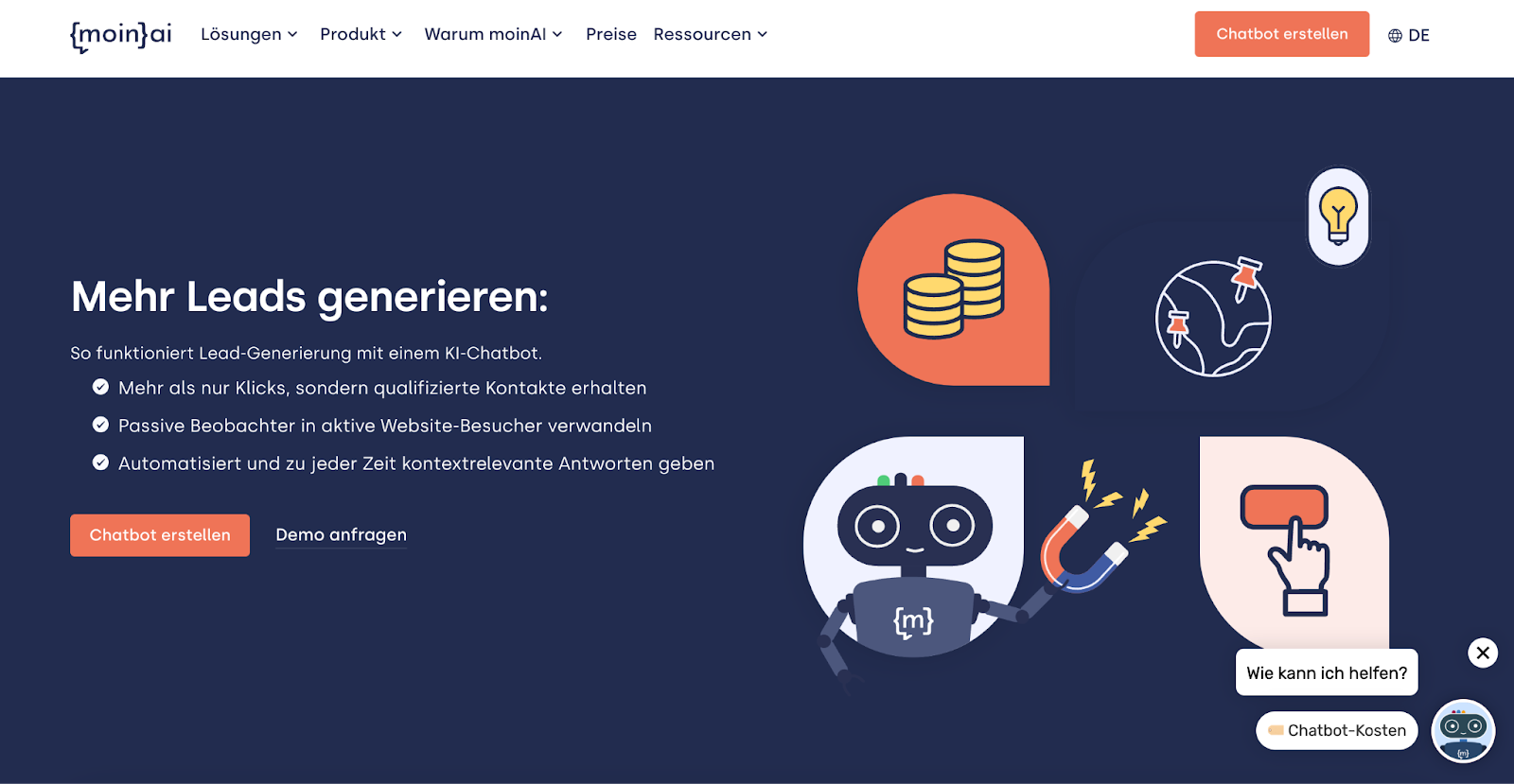 Screenshot der moinAI-Seite zur Lead-Generierung – zeigt, wie der KI-Chatbot automatisiert qualifizierte Leads erfasst und an den Vertrieb übergibt