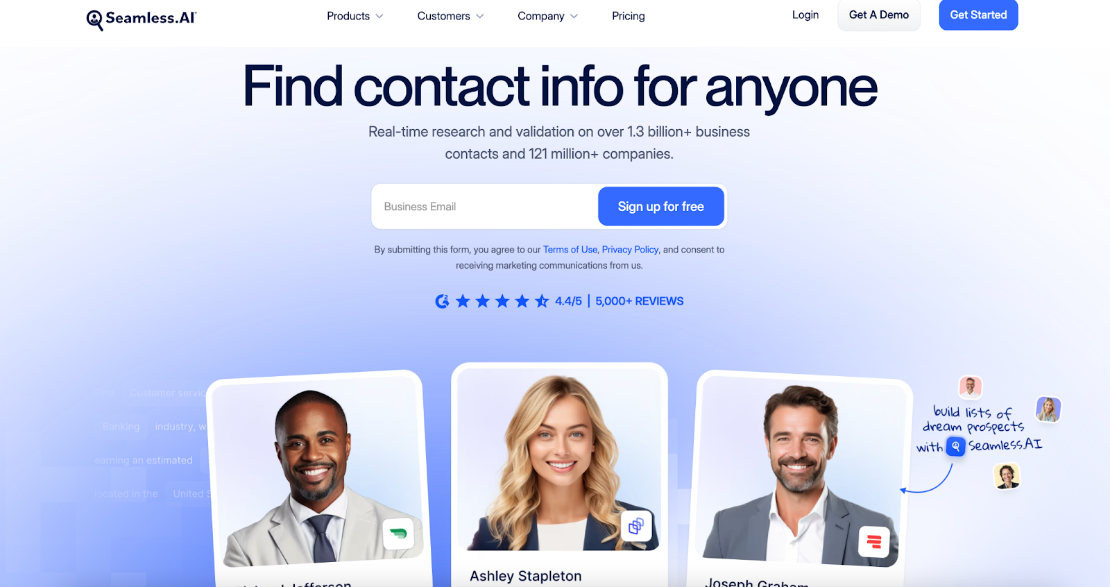 Screenshot der Seamless.AI-Startseite – zeigt die Echtzeit-Rechercheplattform zur Lead-Anreicherung