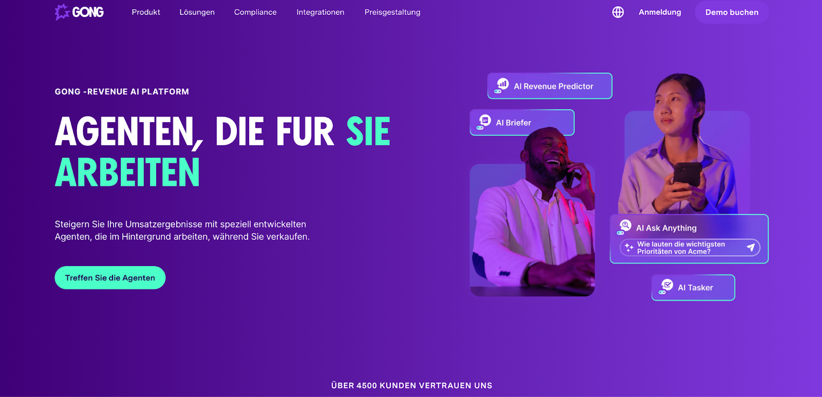 Screenshot der Gong.io-Seite – präsentiert KI-gestützte Analyse von Kundengesprächen zur Vertriebsoptimierung