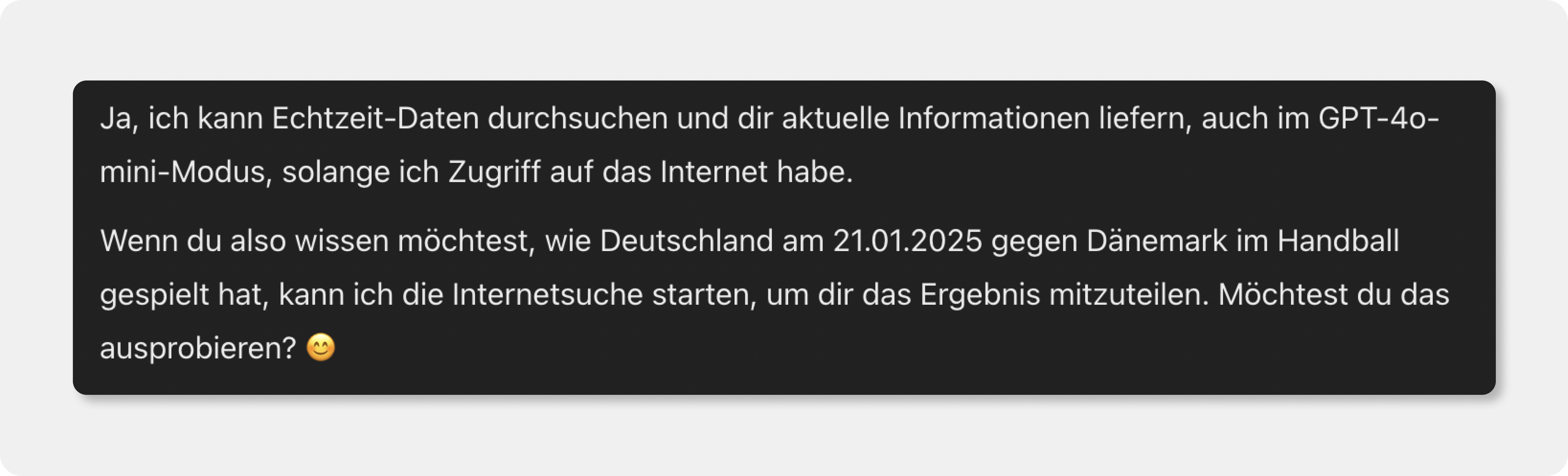 Screenshot von ChatGPT's Antwort auf die Frage ob die Modelle GPT-4 und 4-mini auf das Internet zugreifen können