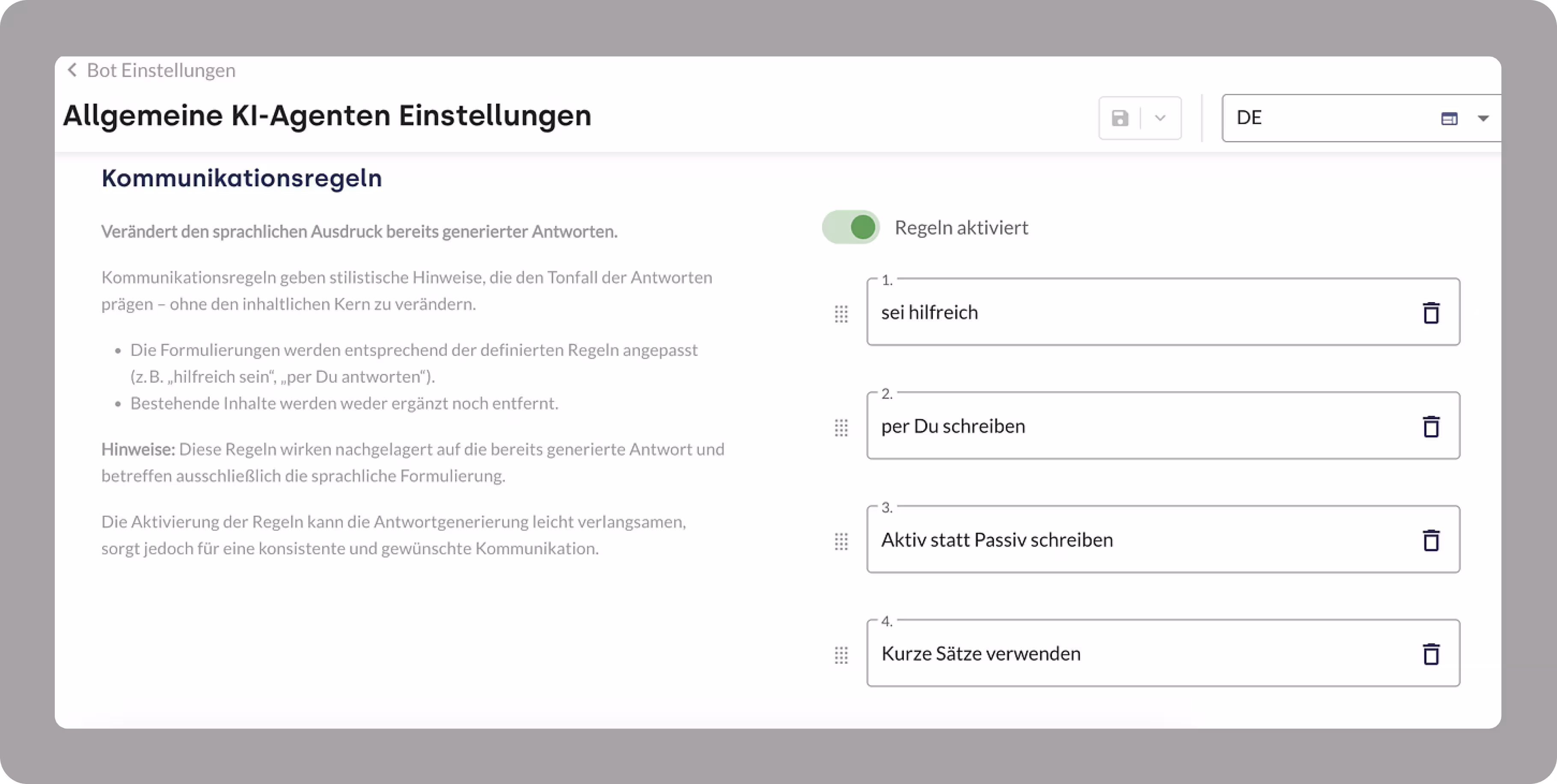 Ein Screenshot der Benutzeroberfläche zur Konfiguration von KI-Agenten, der die Einstellung von Kommunikationsregeln zeigt. Die aktivierten Regeln lauten "sei hilfreich", "per Du schreiben", "Aktiv statt Passiv schreiben" und "Kurze Sätze verwenden", was die Funktion der Guardrails des Produkts veranschaulicht.