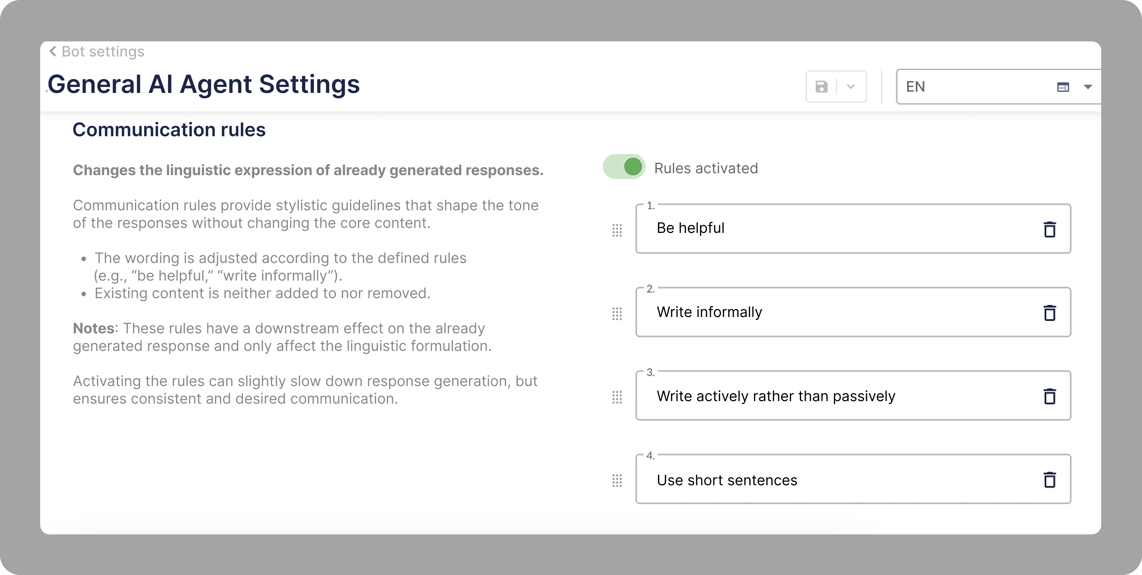 A screenshot of the AI agent configuration interface, showing the setting of communication rules. The enabled rules are 'be helpful', 'use informal language', 'use active voice instead of passive voice', and 'use short sentences' illustrating the functionality of the moinAIs guardrails.