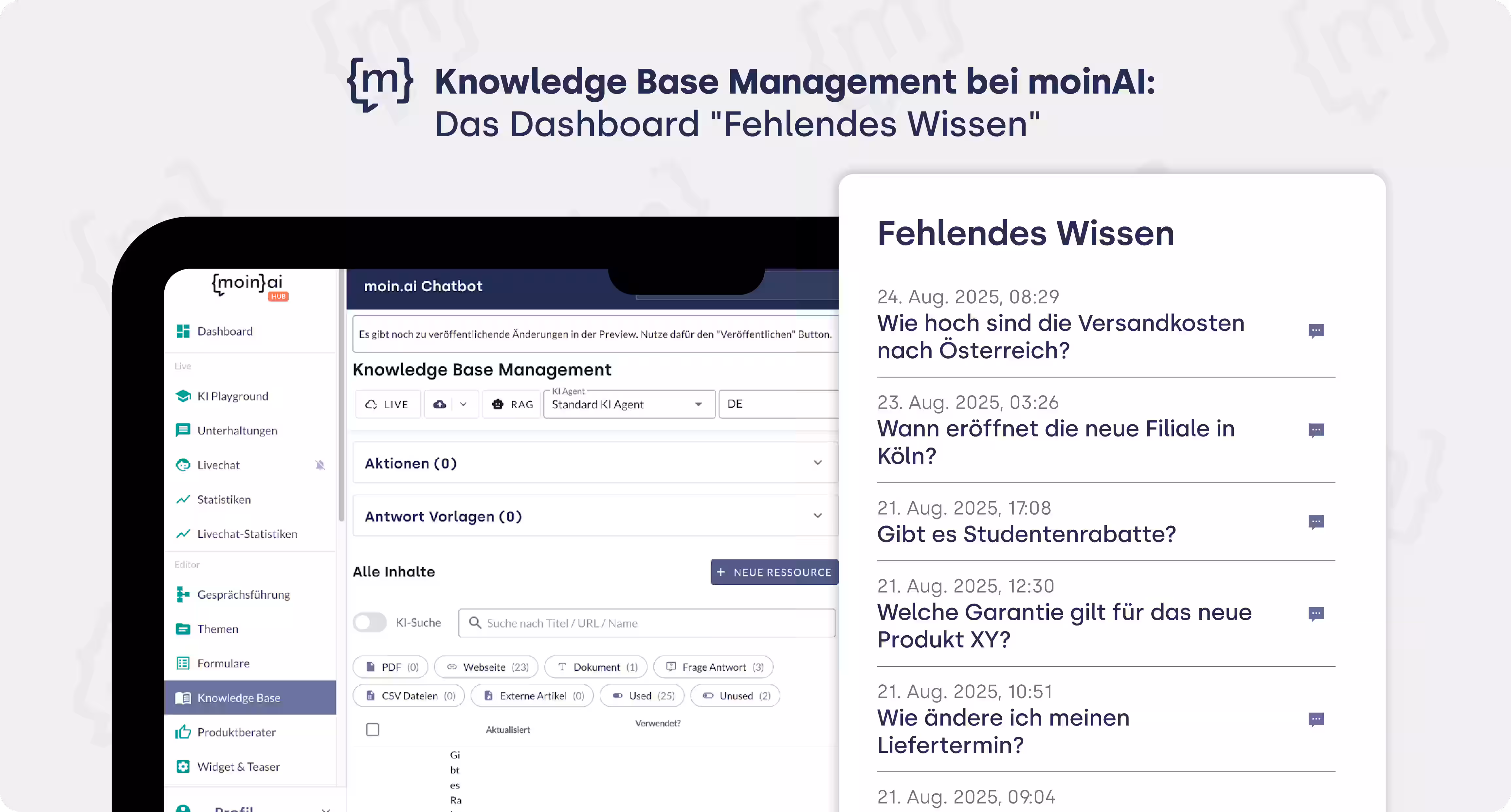 Ein Screenshot eines moinAI-Dashboards mit dem Titel "Knowledge Base Management". Im Vordergrund ist ein Fenster mit "Fehlendes Wissen" zu sehen. Darin befinden sich mehrere Beispiele von nicht beantworteten Nutzeranfragen, wie z.B. "Wie hoch sind die Versandkosten nach Österreich?" oder "Gibt es Studentenrabatte?". Jede Anfrage ist mit einem Datum und einer Uhrzeit versehen.