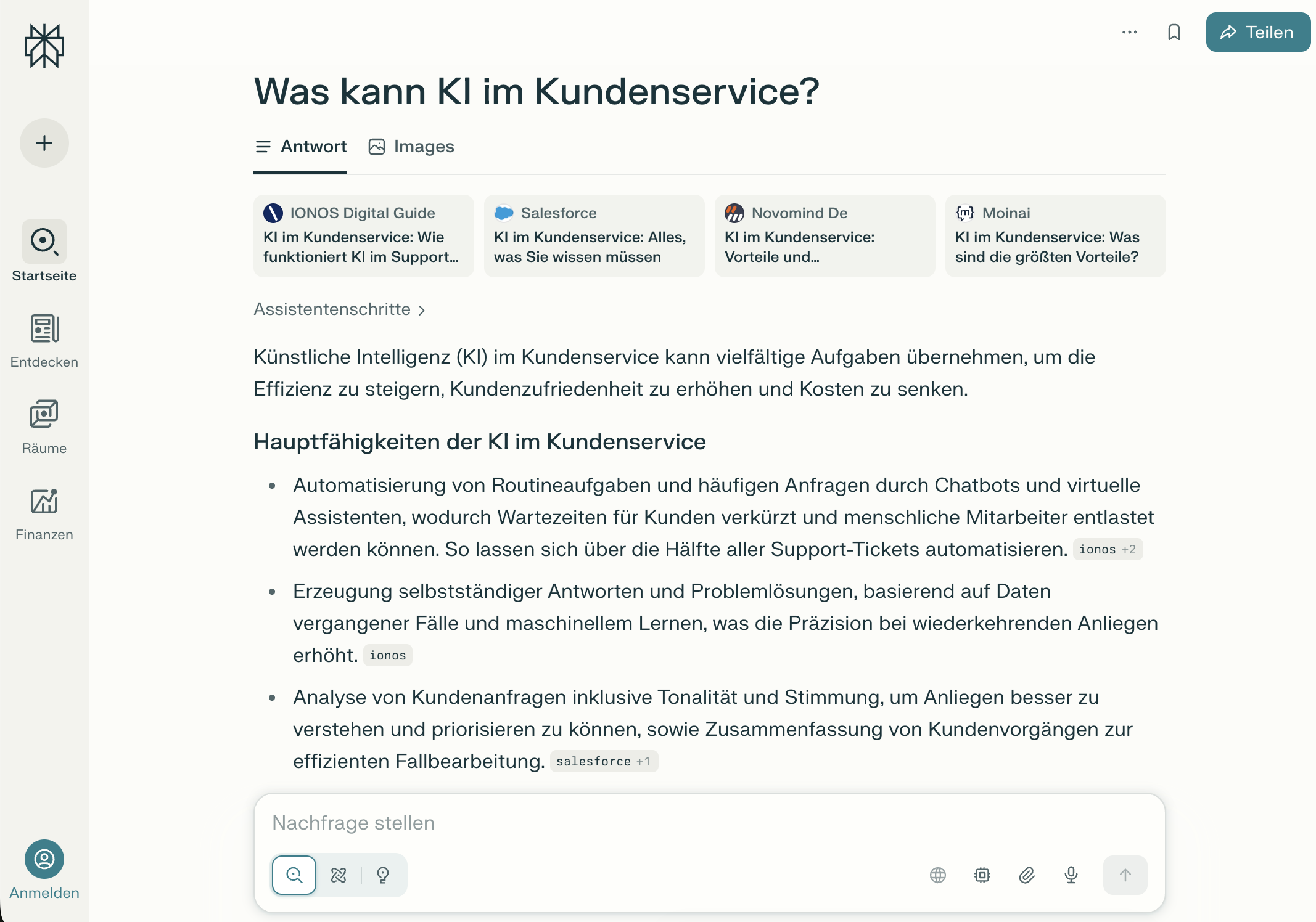 Perplexity Suchinterface mit dem Ergebnis zu der gestellten Nutzeranfragee