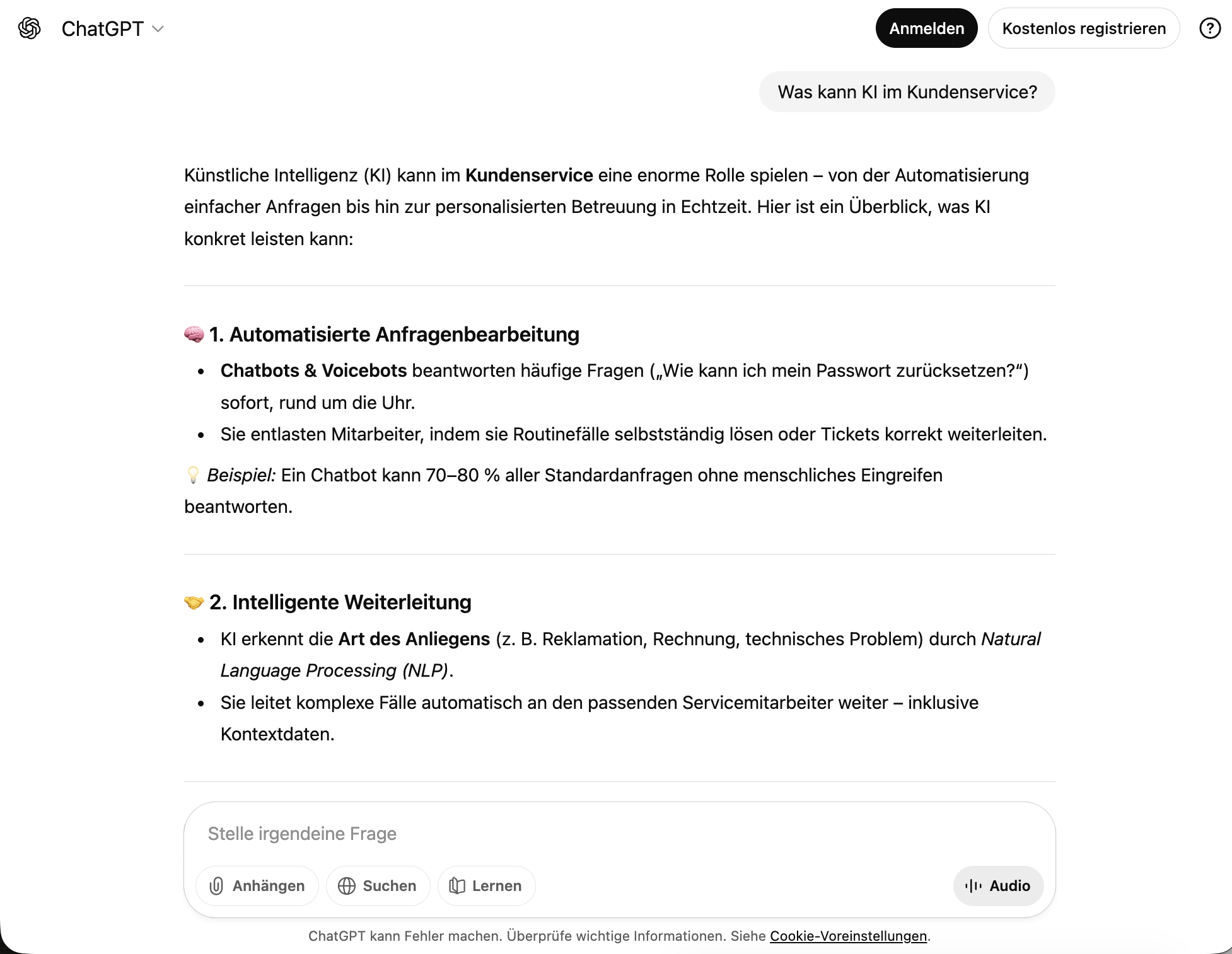 Die Nutzernfrage wird von ChatGPT ohne Quellenangabe direkt im Chatinterface beantwortet
