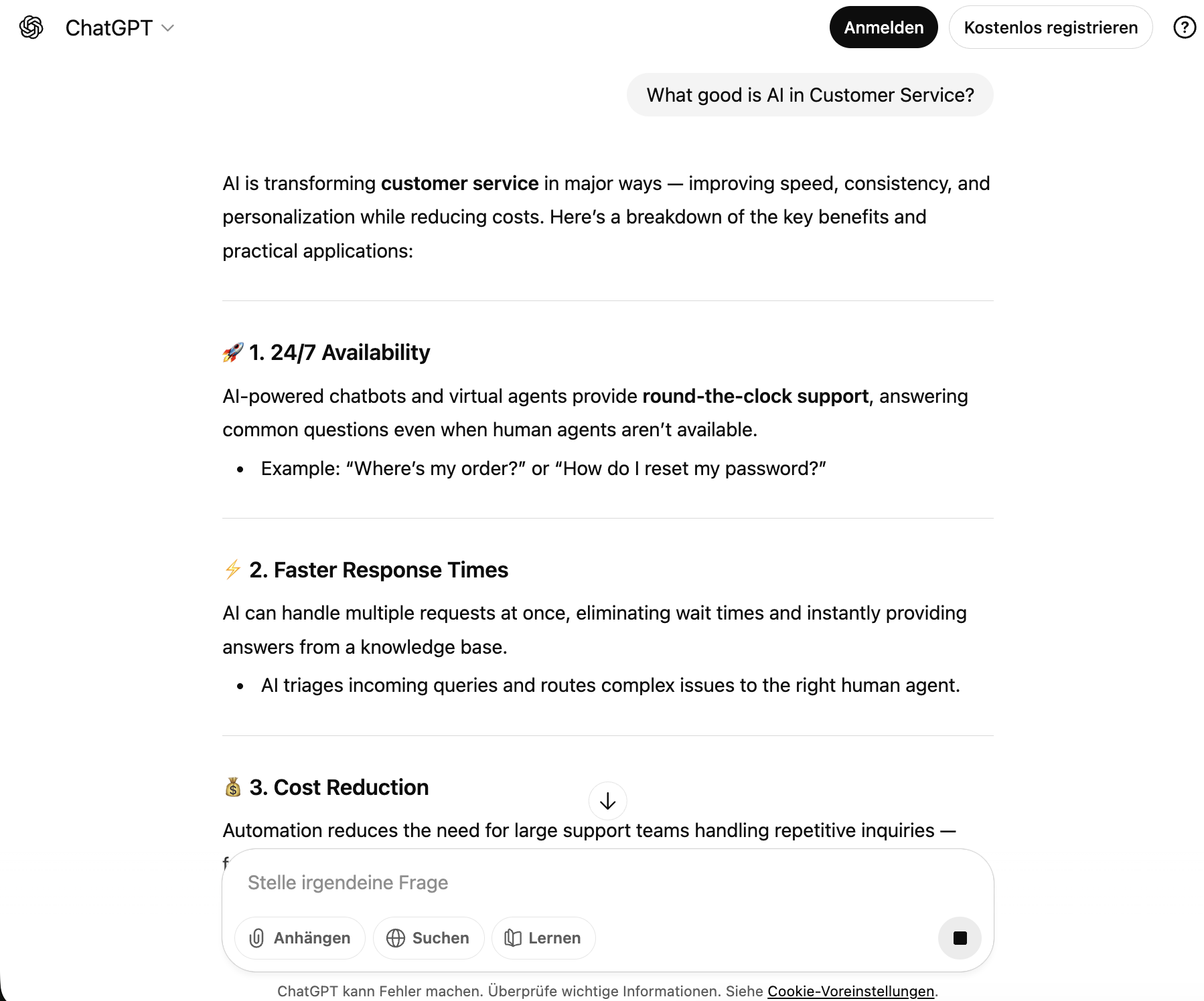ChatGPT answers user questions directly in the chat interface without citing sources.