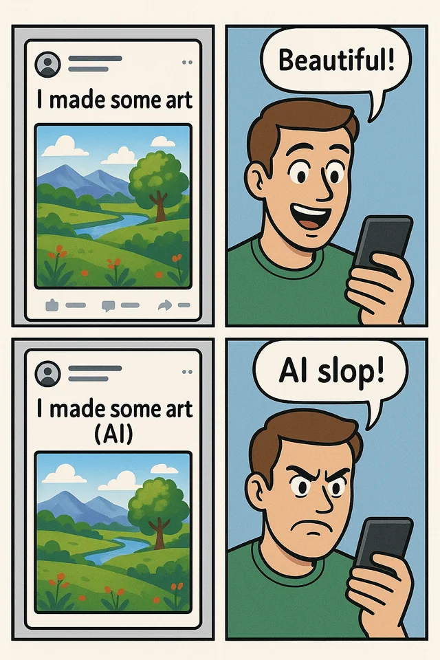 a graphic where a user comments a post as beautiful art then calls it AI slop when the AI is labeled