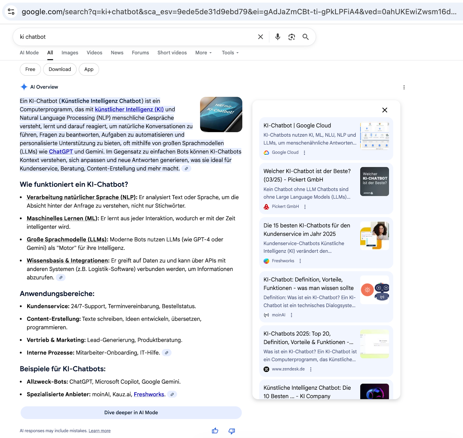 AI Overview auf der Google "Search Result Page" für das Keyword "KI Chatbot"