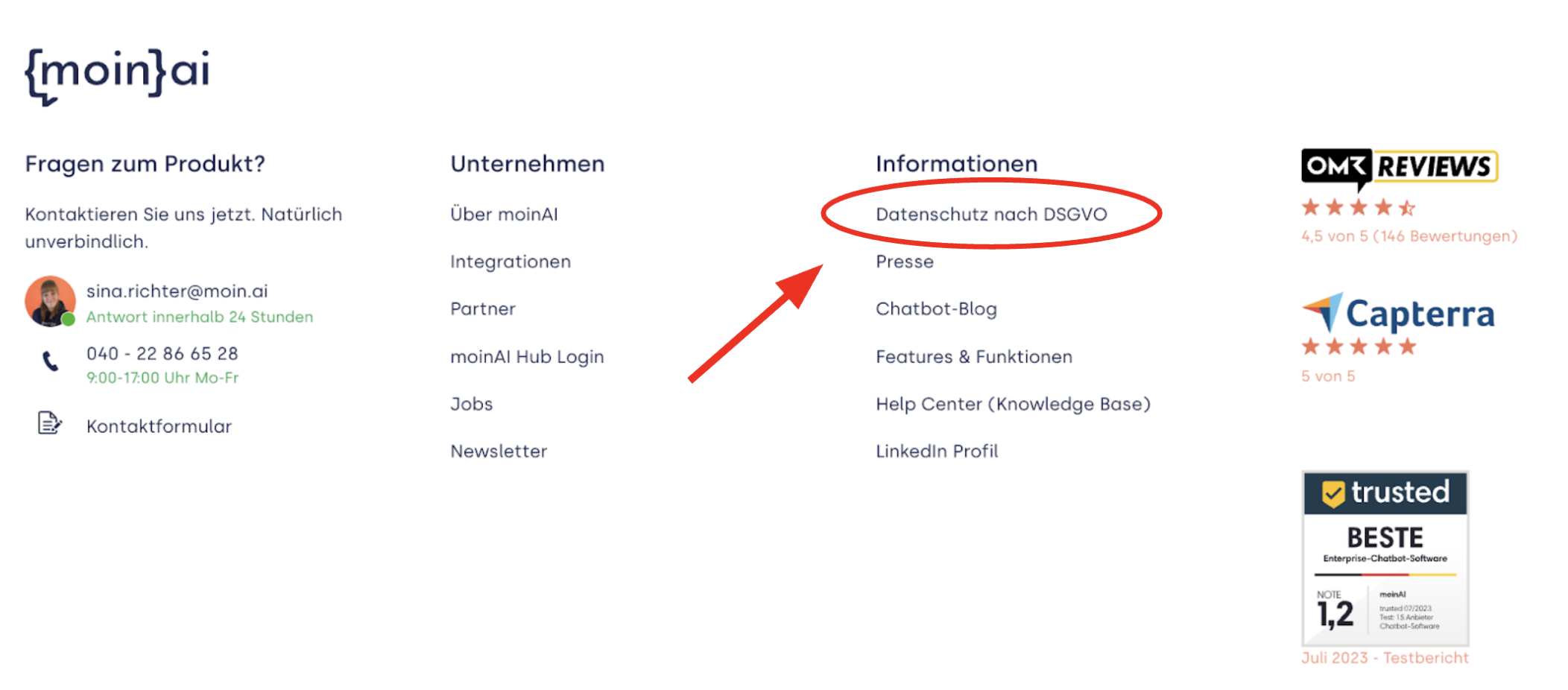 Beispiel für einen leicht zugänglichen Hinweis auf die Datenschutzerklärung