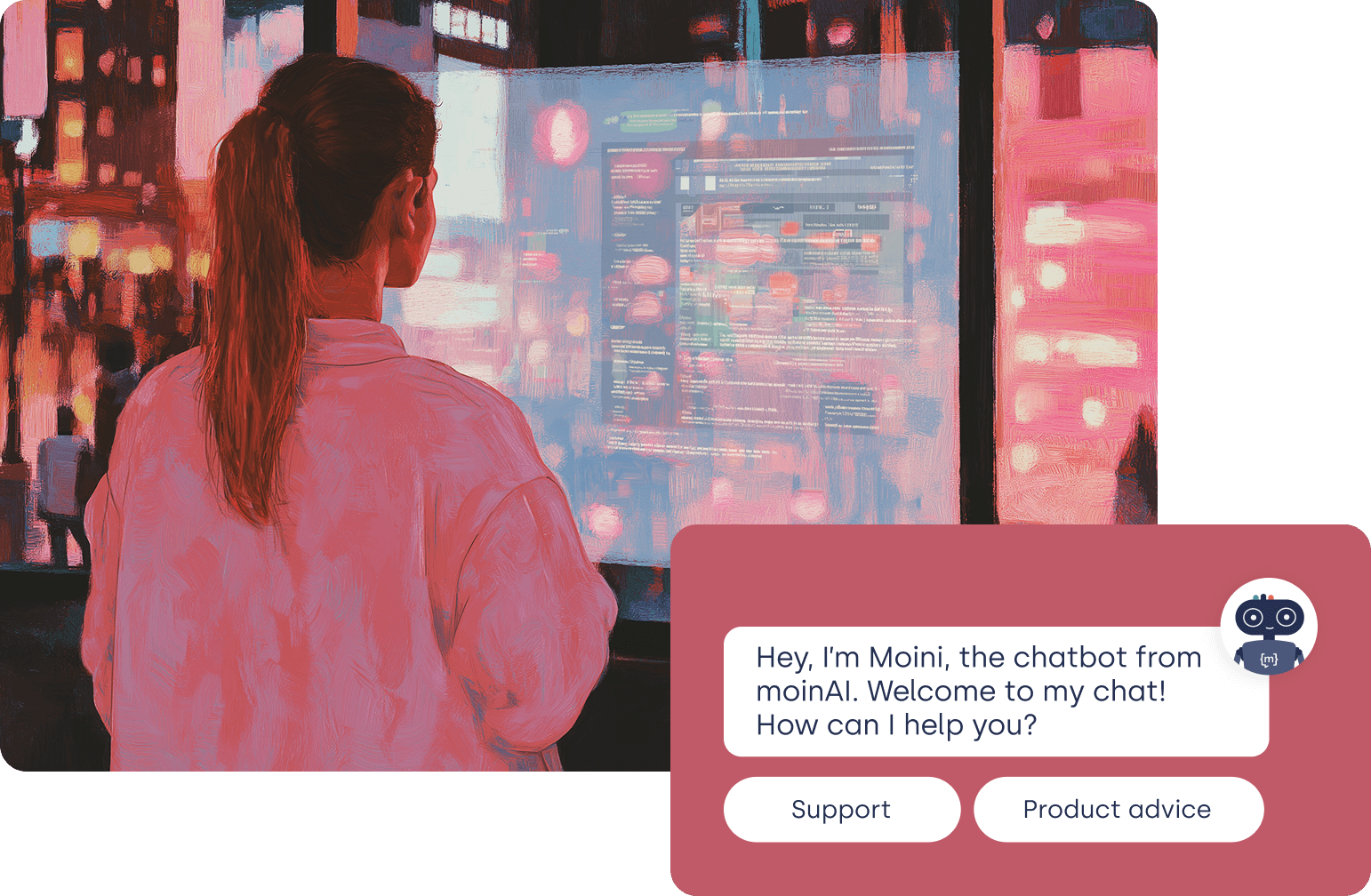 moini chatbot next to a window with a woman looking at data 
