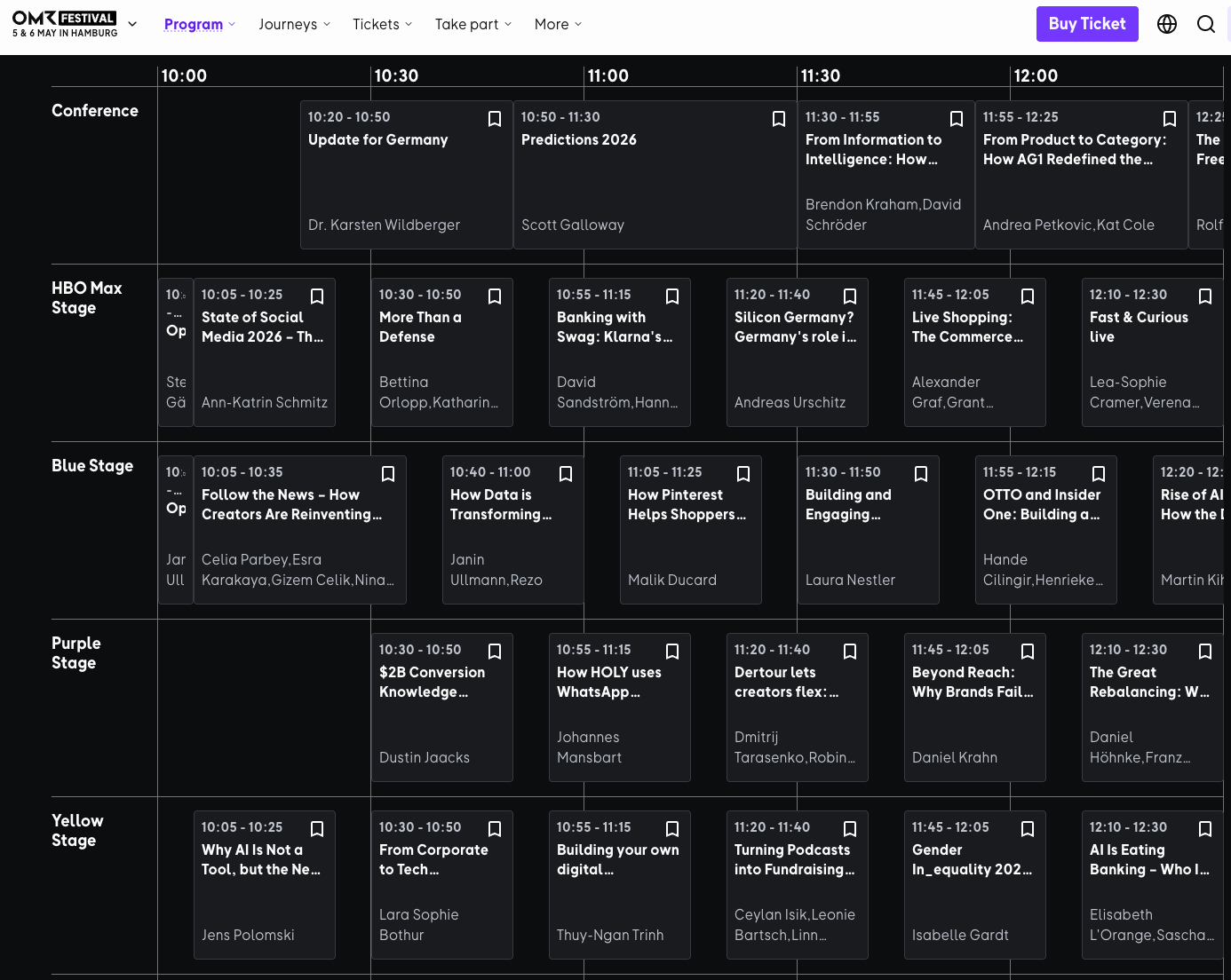 Screenshot of the digital program planner for the OMR Festival 2026. The graphic displays a schedule in a grid format for the morning sessions between 10:00 AM and 12:30 PM. The vertical axis lists various stages, including the Conference Stage, HBO Max Stage, Blue Stage, Purple Stage, and Yellow Stage. The horizontal time blocks show various sessions and speakers, such as "Predictions 2026" by Scott Galloway on the Conference Stage or "State of Social Media 2026" by Ann-Katrin Schmitz on the HBO Max Stage. The interface features a dark theme with purple accents in the navigation header.
