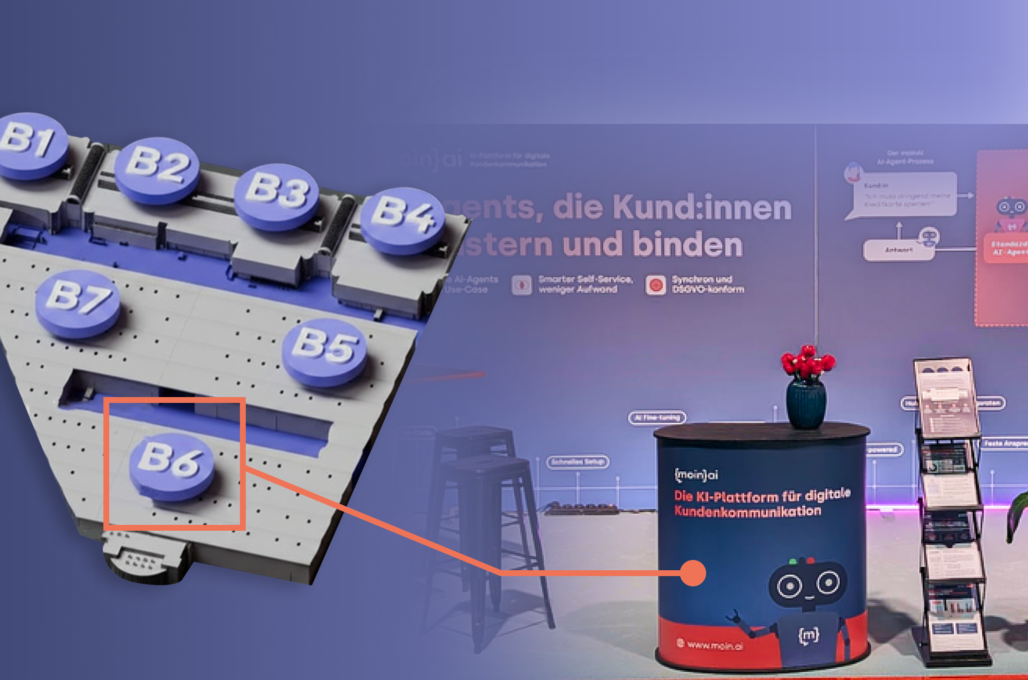 Trade show booth with digital communication text. Blue buttons labeled B1-B7, with B6 highlighted. Stand with brochures, futuristic and inviting.