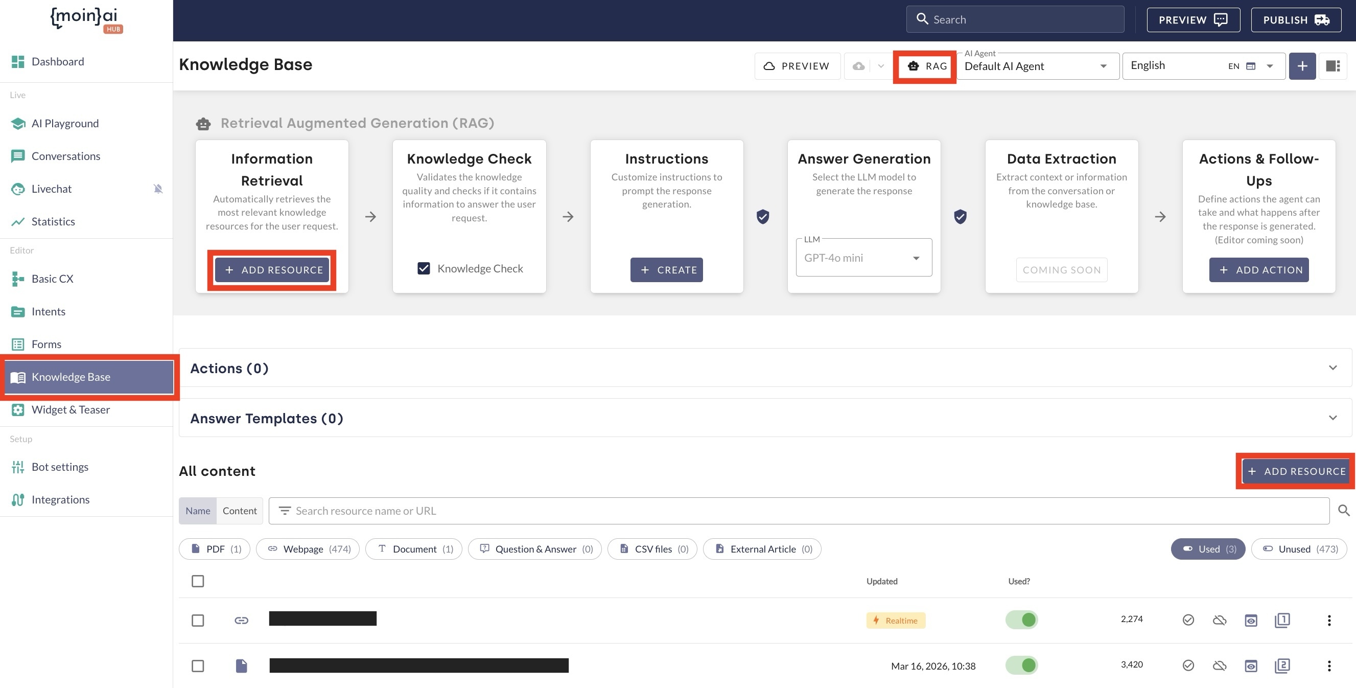 Screenshot of the user interface of the “moin AI HUB” dashboard for “Knowledge Base Management”. The interface is set to German. The upper section shows a RAG (Retrieval Augmented Generation) pipeline with five consecutive steps: knowledge retrieval, knowledge verification, instructions, answer generation (using the selected LLM “GPT-4o mini”) and data extraction. Several areas are highlighted with red rectangles: the “Knowledge Base” navigation item in the left-hand menu bar, the “RAG” tab at the top right, and two buttons labelled “+ NEW RESOURCE” – one in the first step of the RAG process and another on the right-hand side in the “All Content” section.