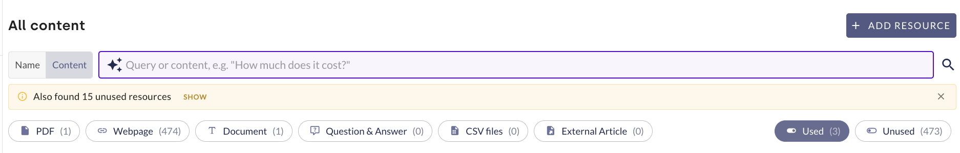 A screenshot showing the search modes in the ‘All Content’ section of a knowledge base user interface. The standard search is shown in the upper section. The content search is active in the lower section