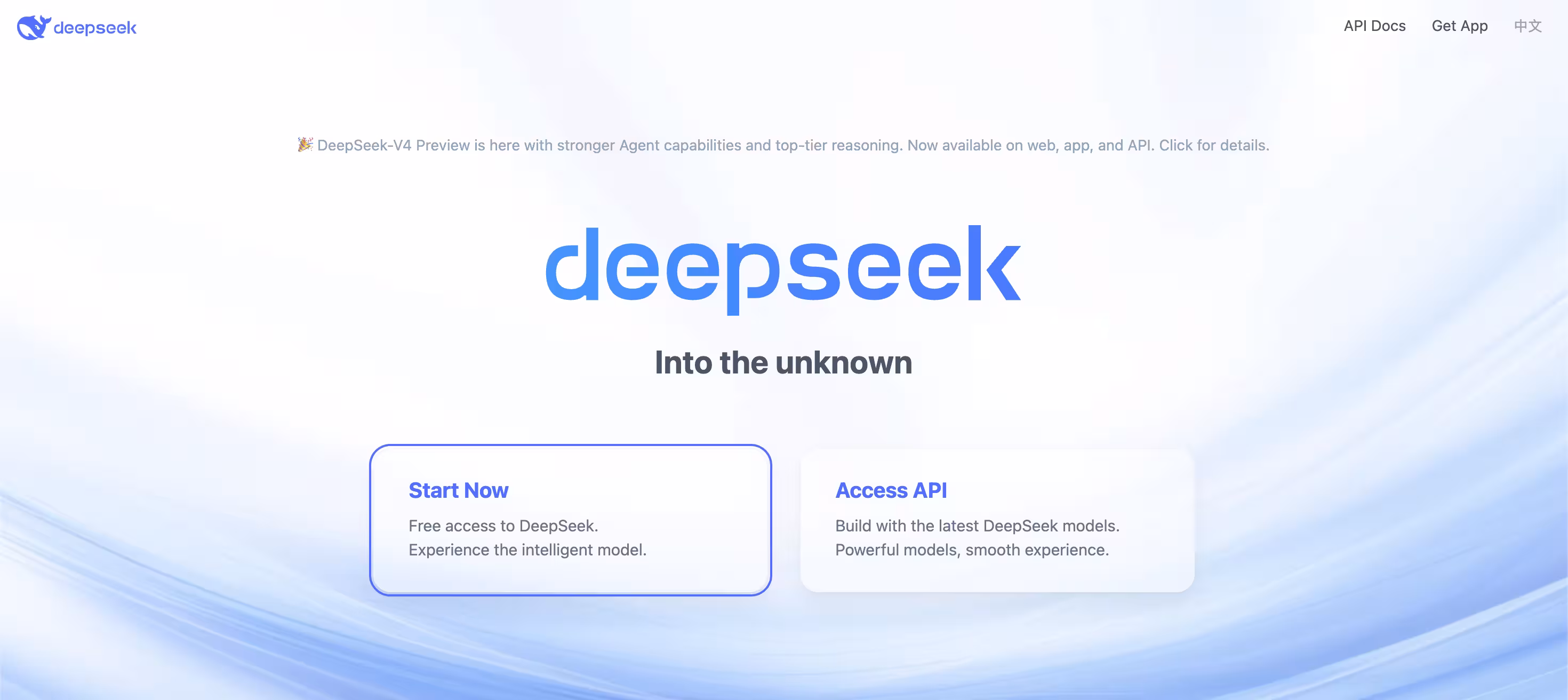 deepseek homepage where you can chose between the free access to a DeepSeek chat window or the ccess to the API to build using DeepSeek models