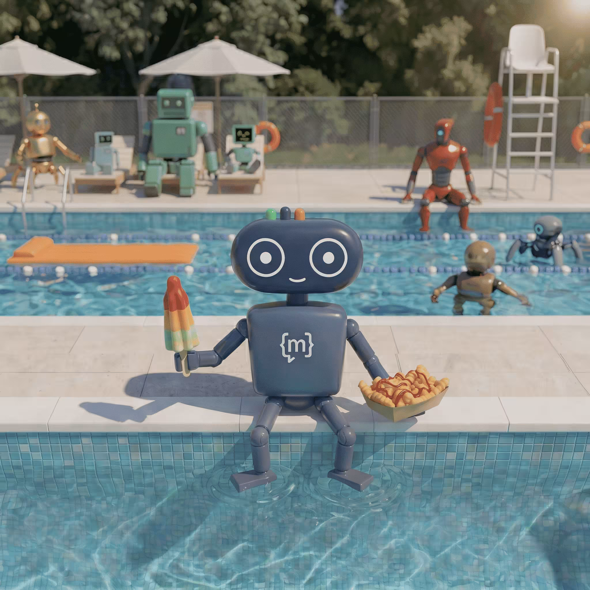 Moin sitzt am Rand eines Swimmingpools und baumelt mit den Füßen im Wasser. Er lächelt und hält ein buntes Eis am Stiel in der einen Hand sowie eine Schale Pommes mit Ketchup in der anderen. Im Hintergrund entspannen sich weitere unterschiedliche Roboter auf Liegestühlen, schwimmen im Pool oder sitzen am Beckenrand unter Sonnenschirmen.