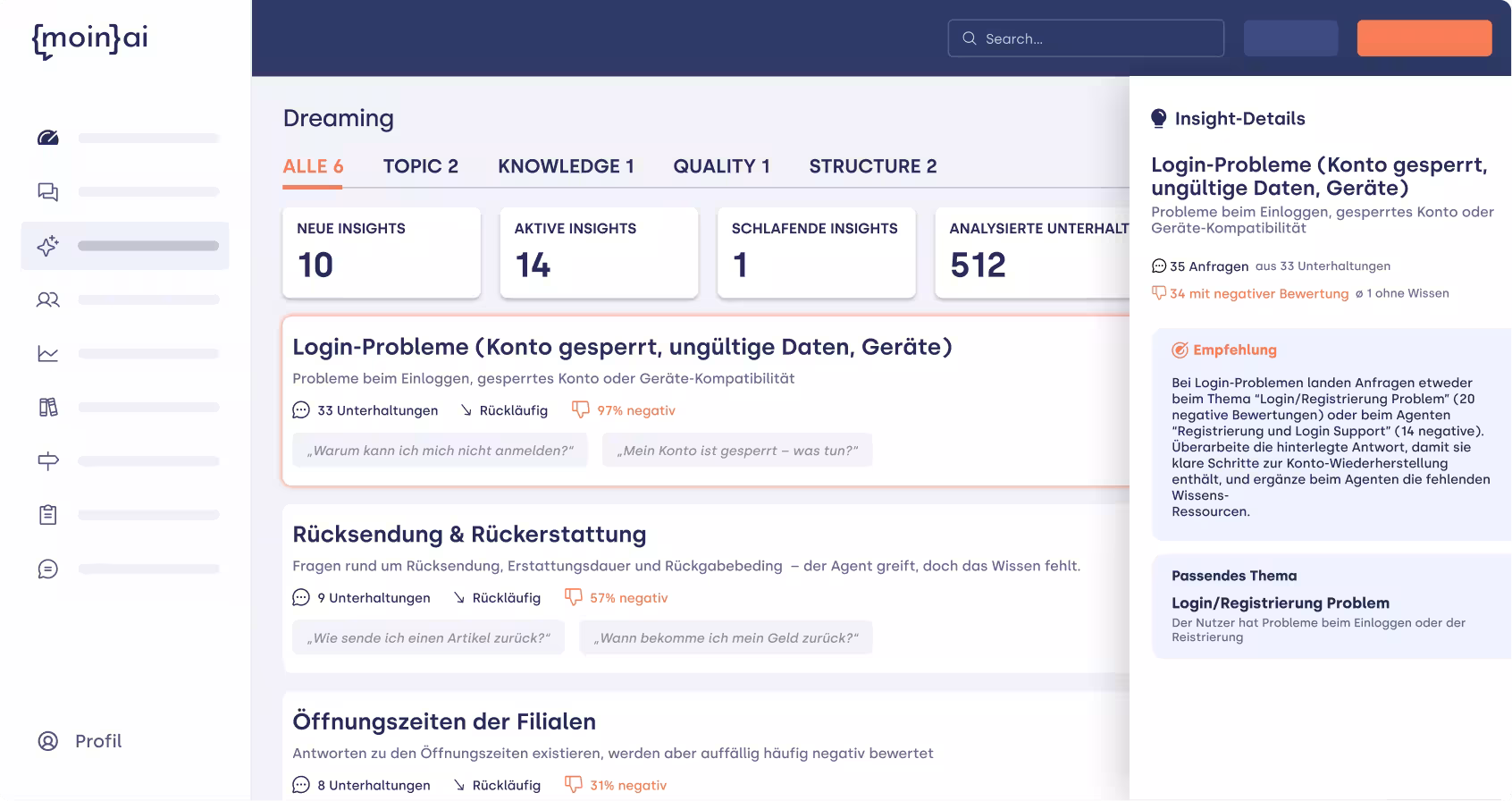 Screenshot des moin AI Hub Dashboards mit geöffneter Detailansicht auf der rechten Seite. Zu sehen sind die „Insight-Details“ zum ausgewählten Thema „Login-Probleme“, die detaillierte Statistiken zu betroffenen Kundenanfragen sowie konkrete Handlungsempfehlungen zur Behebung des Problems anzeigen.
