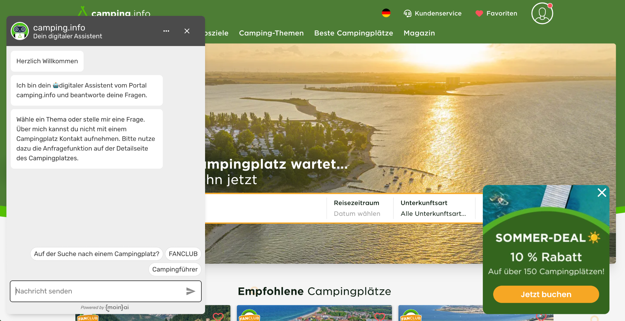 A screenshot of the camping.info website showing an open chatbot window on the left-hand side (‘Your digital assistant’) and a banner for a ‘Summer Deal’ offering a 10 per cent discount in the bottom right-hand corner. In the centre is an aerial view of a campsite by the water at sunset.