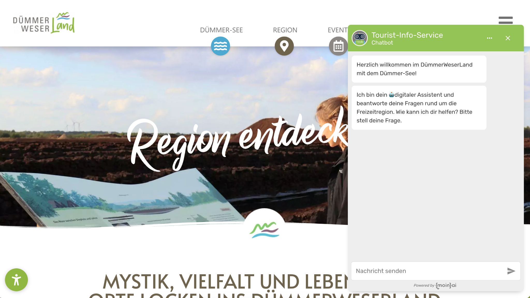 A screenshot of the ‘DümmerWeserLand’ website showing the text ‘Discover the region’ superimposed over a moorland landscape. In the top right-hand corner, a chatbot window named ‘Tourist Information Service’ is displayed, welcoming the user with an automated message.