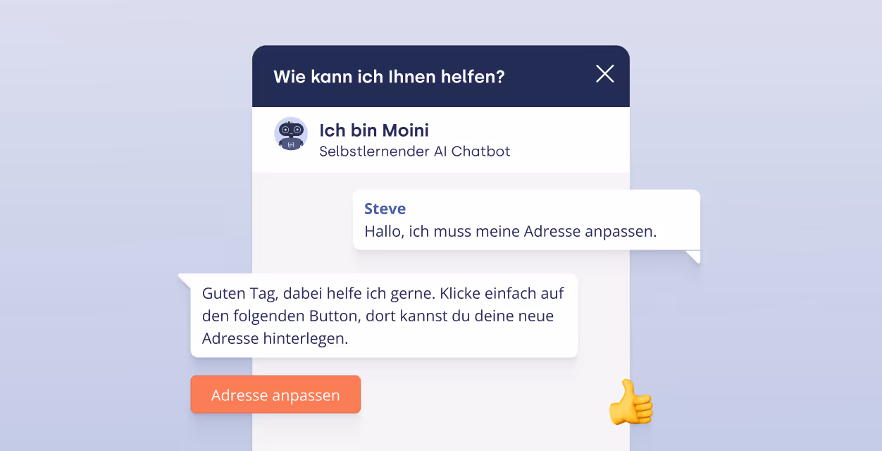 Ein Chatbot hilft einem Nutzer bei der Aktualisierung seiner Adresse und bietet eine Schaltfläche „Adresse ändern“ an.
