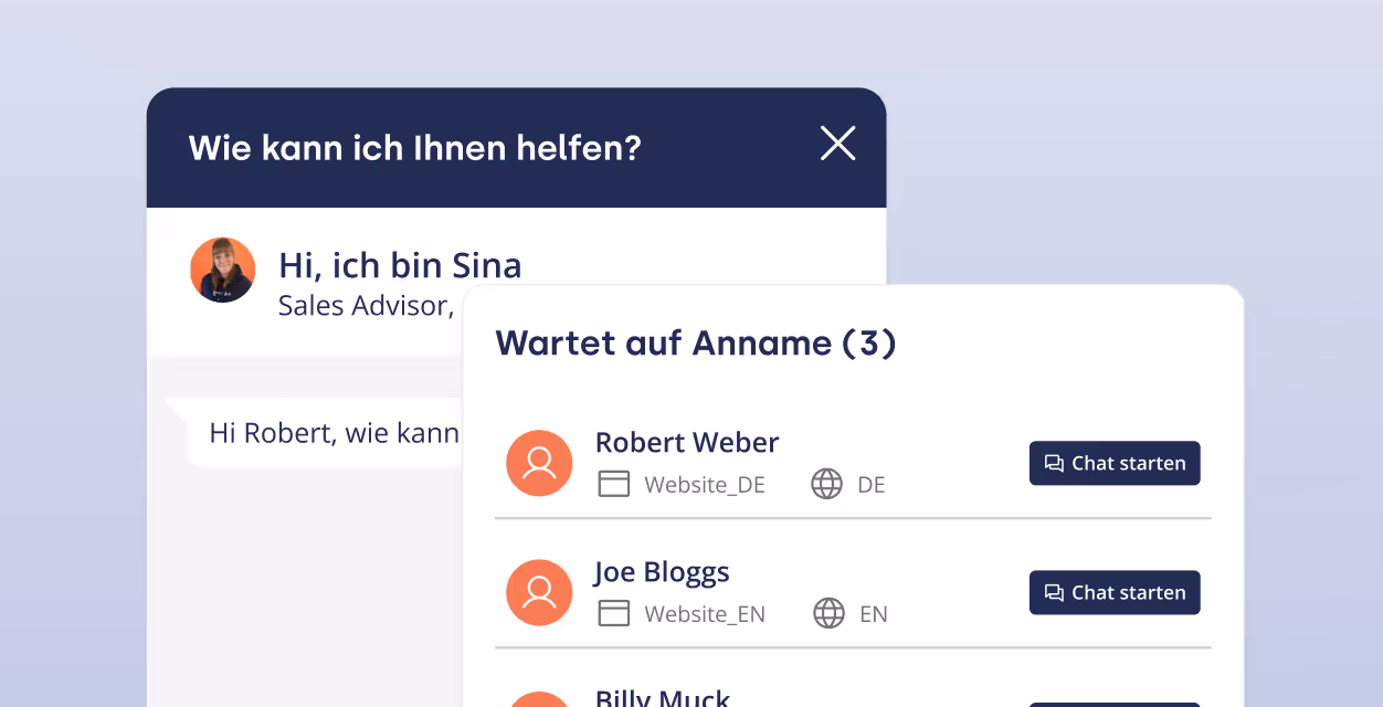 Online-Chat-Schnittstelle, die eine Nachricht von Sina und eine Liste der wartenden Kontakte zur Annahme anzeigt.