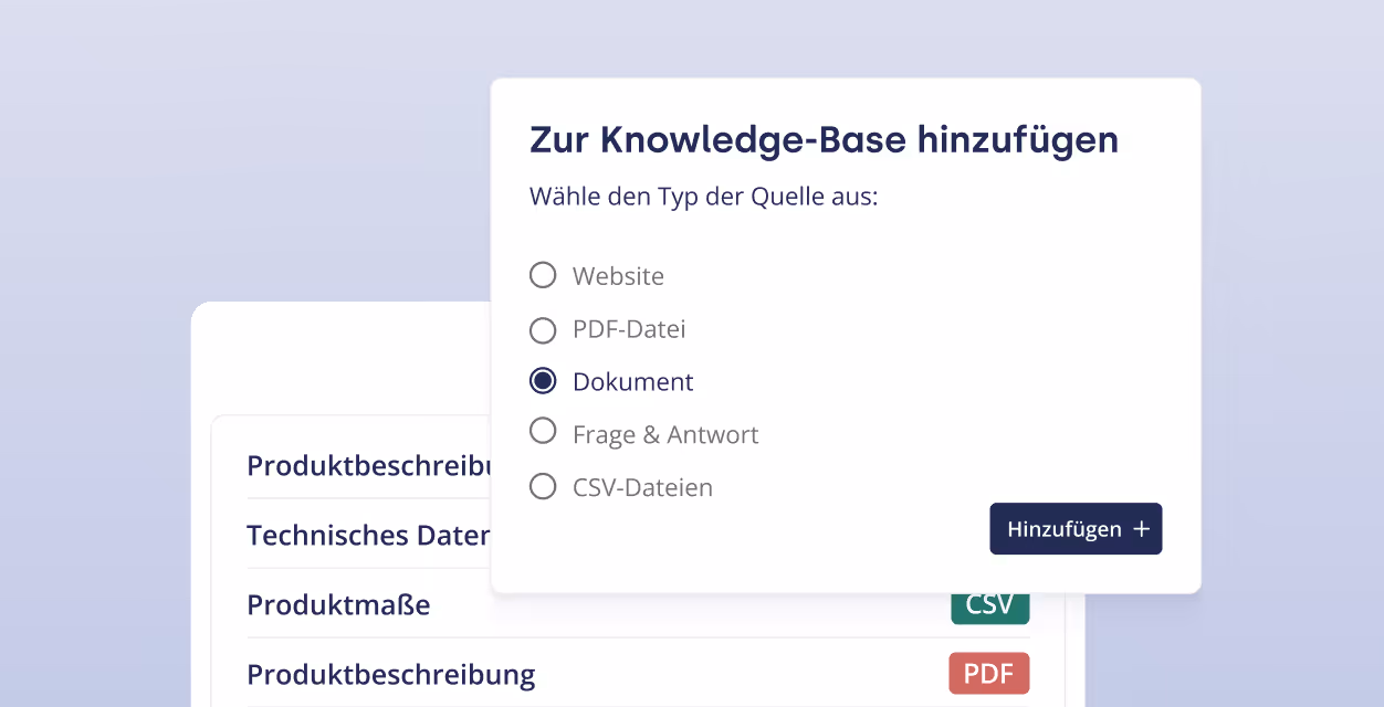 Ein Dialogfeld mit dem Titel „Zur Knowledge Base hinzufügen“ mit Optionen für die Dokumentenquelle und einer Schaltfläche „Hinzufügen“.