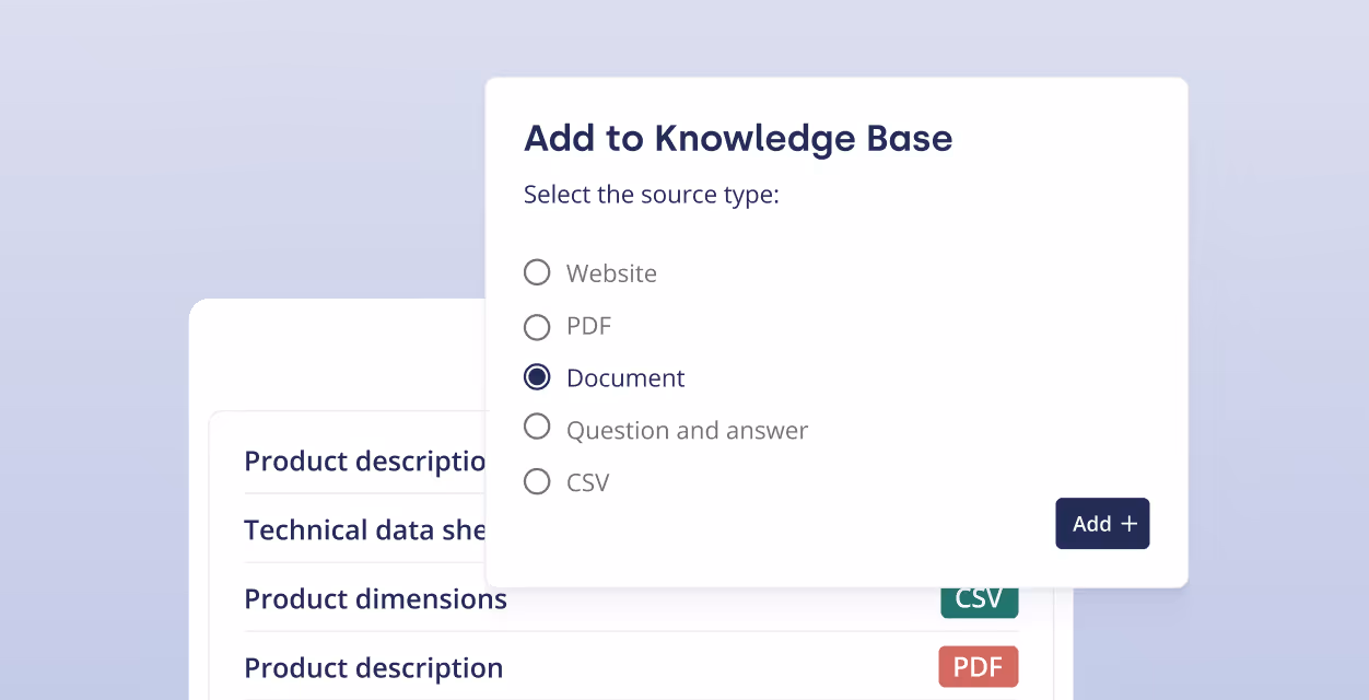 Ein Dialogfeld mit dem Titel „Zur Knowledge Base hinzufügen“ mit Optionen für die Dokumentenquelle und einer Schaltfläche „Hinzufügen“.