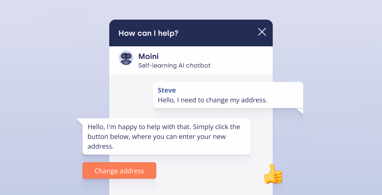 Ein Chatbot hilft einem Nutzer bei der Aktualisierung seiner Adresse und bietet eine Schaltfläche „Adresse ändern“ an.