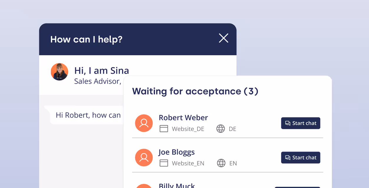 Online-Chat-Schnittstelle, die eine Nachricht von Sina und eine Liste der wartenden Kontakte zur Annahme anzeigt.