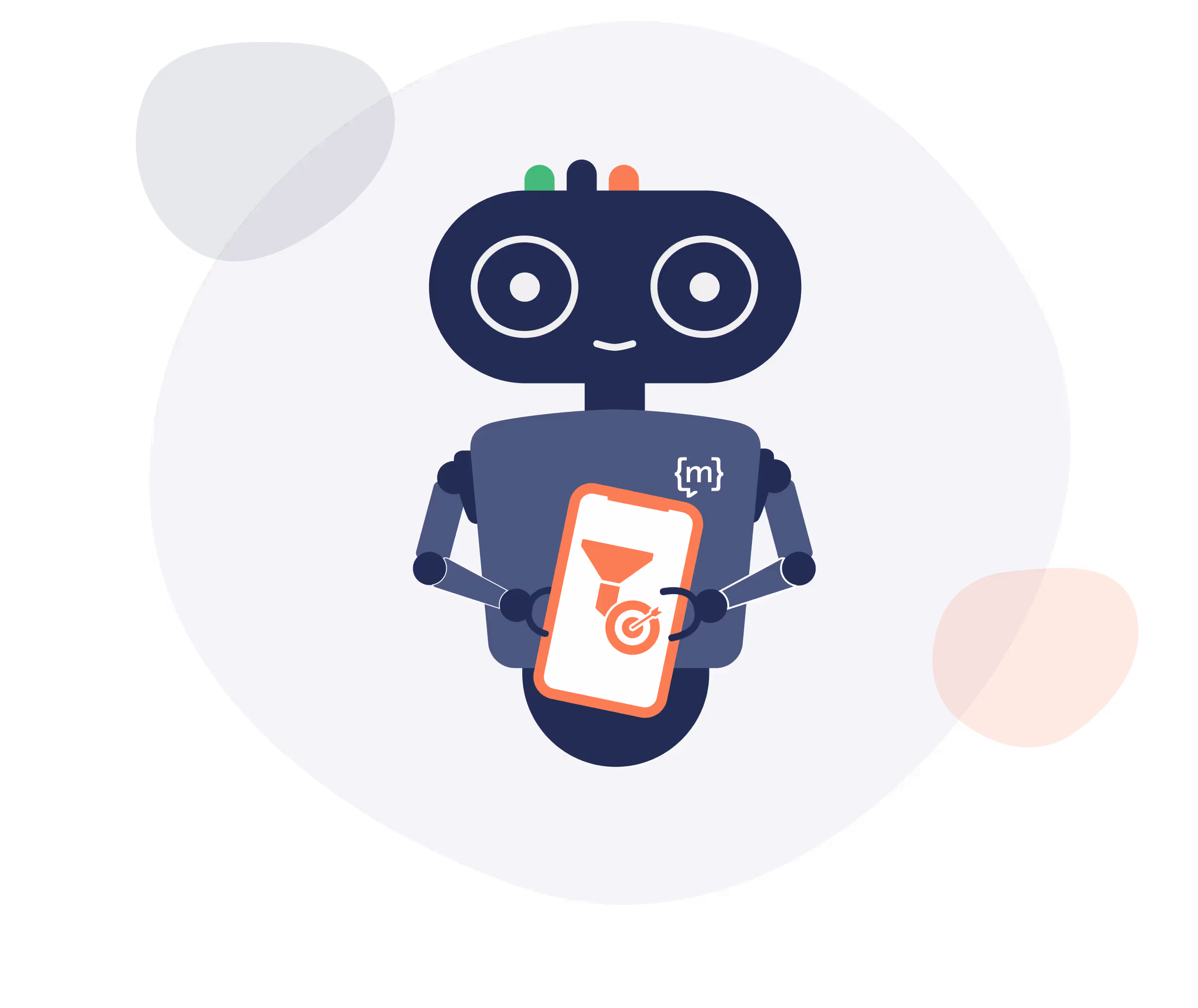 A smiling marketing robot holds a smartphone with a funnel icon on the screen.