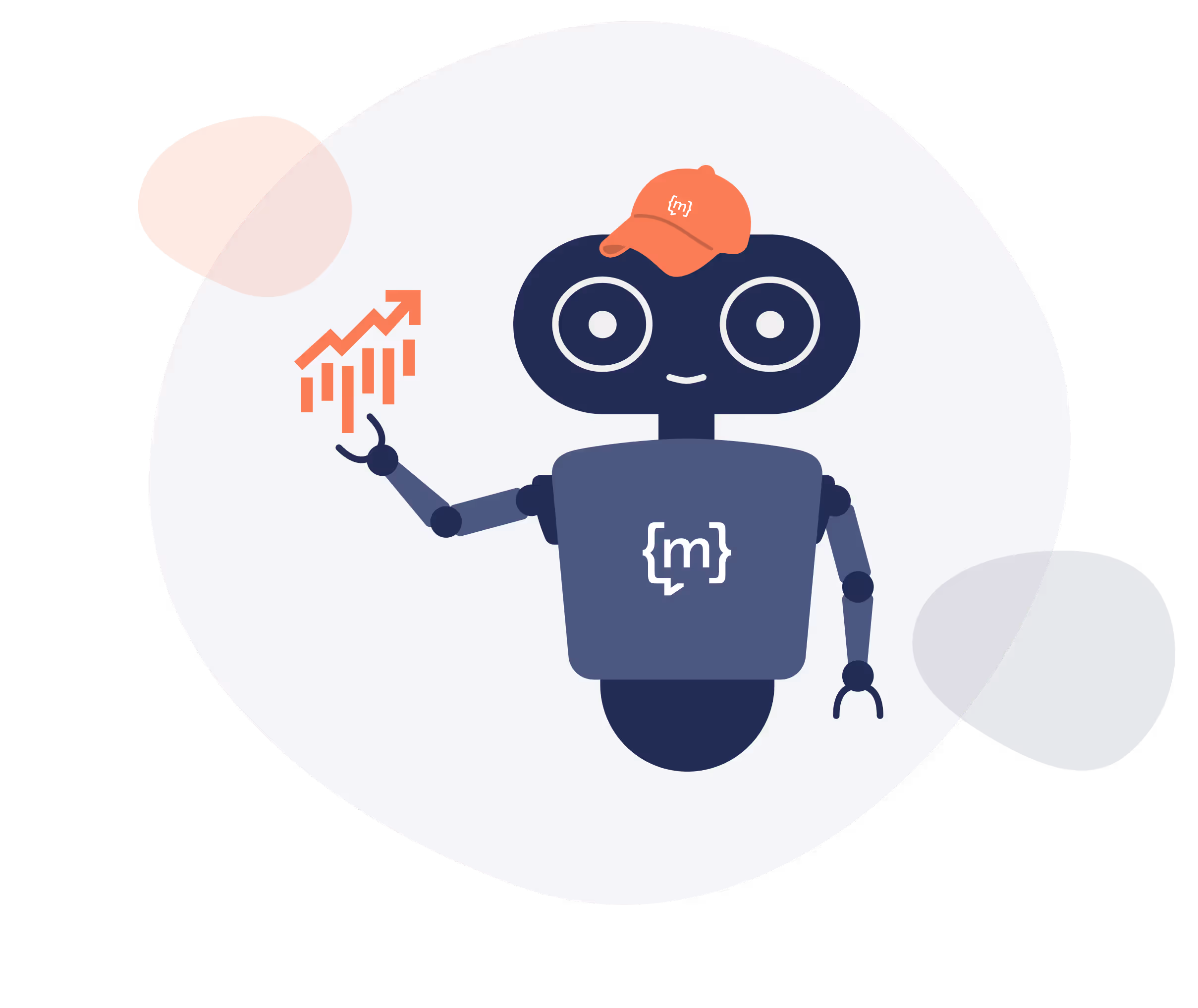 A smiling sales robot wearing a hat points to an upward-trending graph.