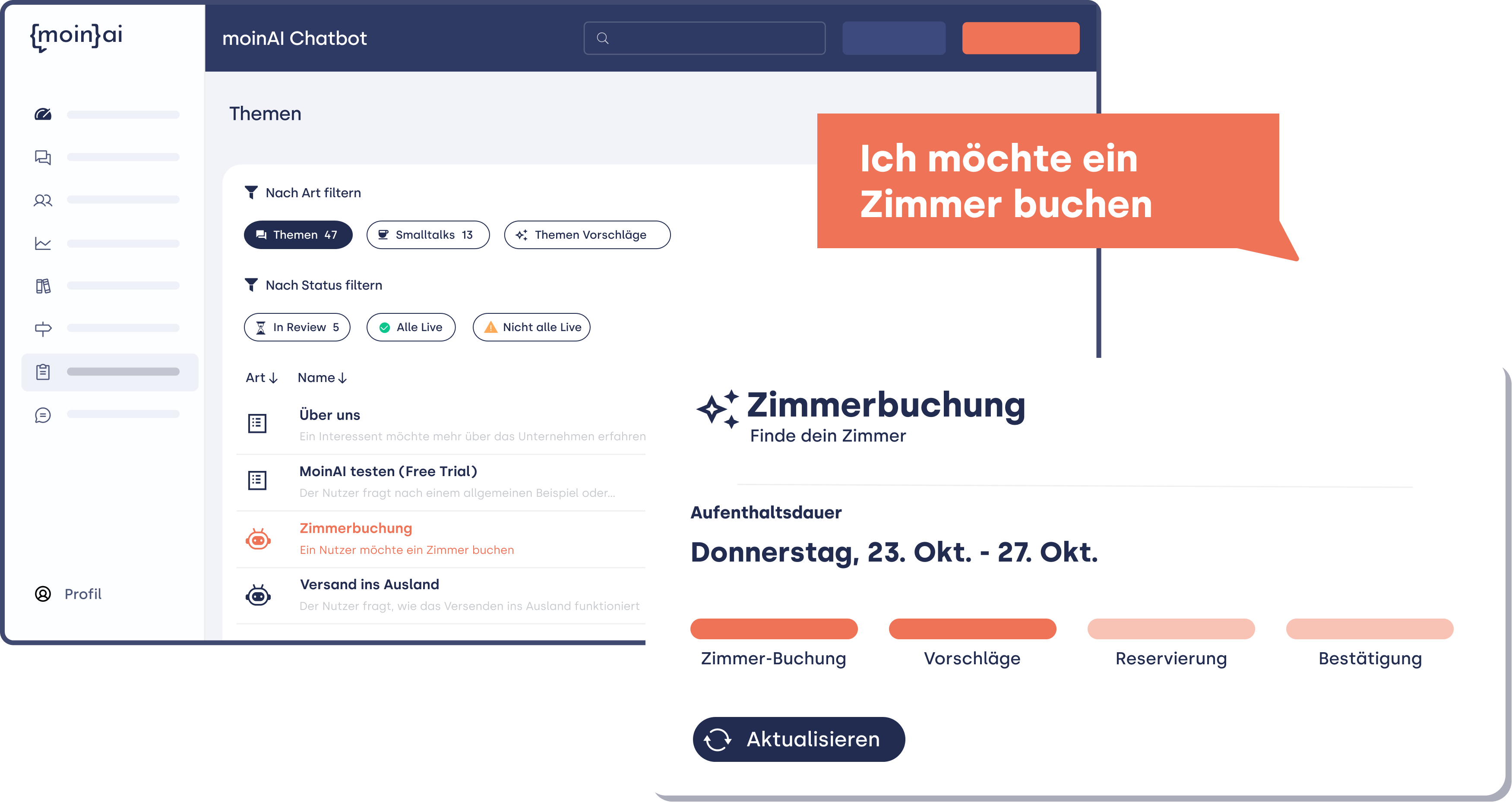 Screenshot der moinAI-Website mit einer Benutzeroberfläche für KI-gestützte Hotelzimmerbuchungen. Zu sehen ist ein Chatbot-Fenster mit automatisierten Buchungs- und Reservierungsschritten sowie der Hinweis ‚Ich möchte ein Zimmer buchen