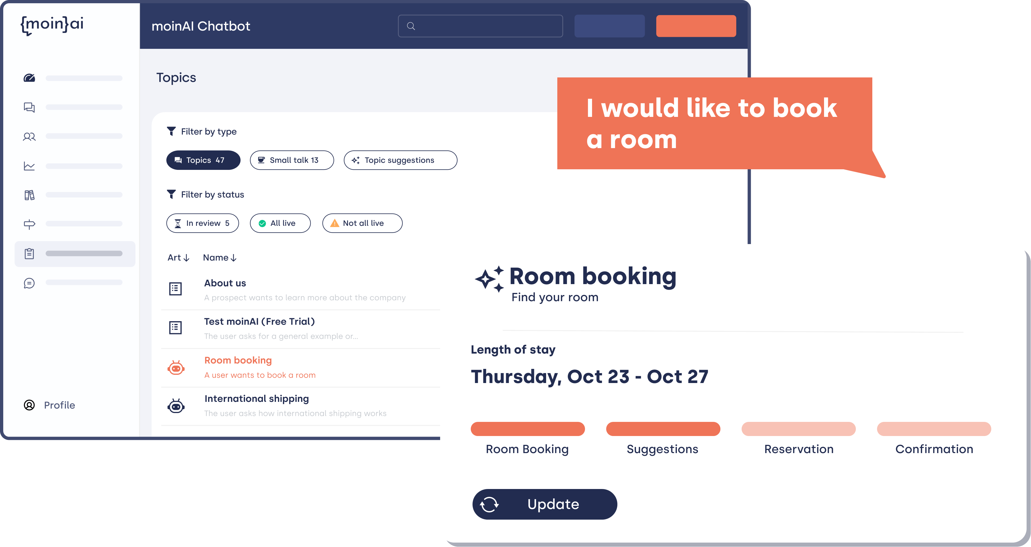 Screenshot of the moinAI website showing an interface for AI-powered hotel room bookings. A chatbot window is visible, displaying automated booking and reservation steps, along with the prompt 'I would like to book a room'.