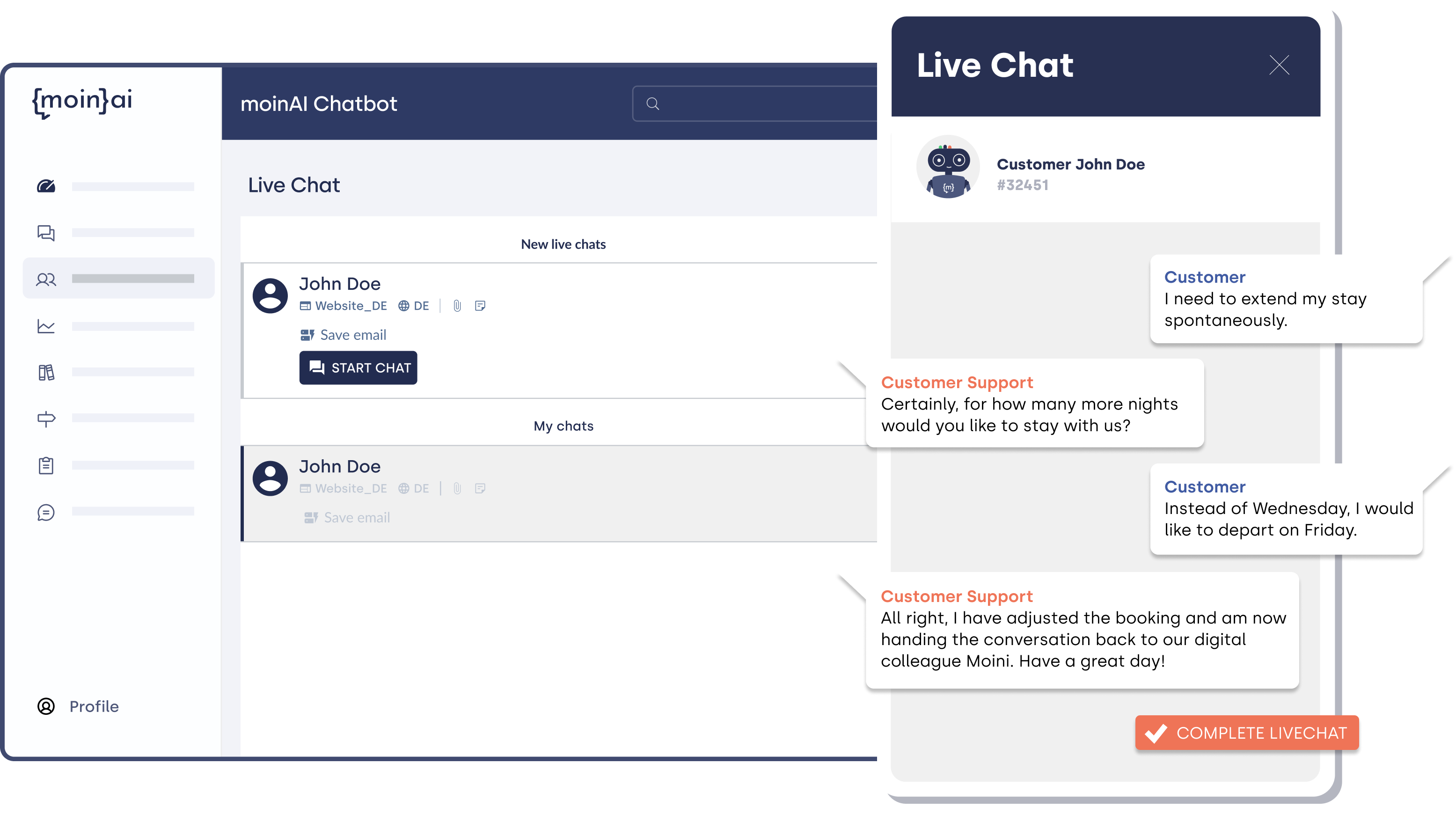 Screenshot of the moinAI live chat interface for customer service in the hotel industry. On the left, the chat management view shows incoming and active chats; on the right, an open live chat between a customer and the support team. The customer is extending her stay and changing the departure date, while customer service adjusts the booking and then hands the chat back to the AI chatbot.