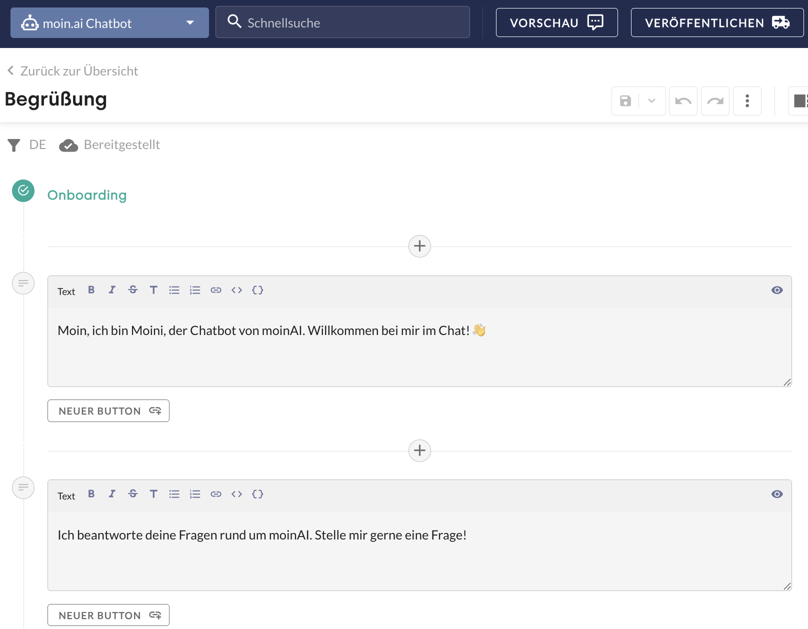 Die Begrüßung wird im moinAI Hub angepasst