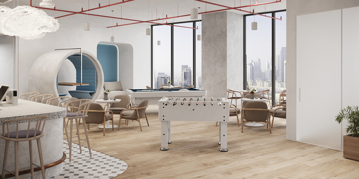 CloudSpaces recreation area combines work and leisure with stylish seating, game tables, and stunning panoramic city views.