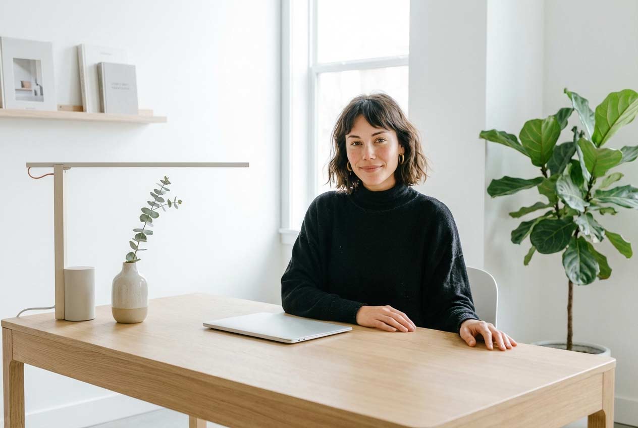 Frau mit schwarzem Pullover sitzt an einem Holzschreibtisch neben einem geschlossenen Laptop, einer Lampe und einer Vase mit einem Zweig.