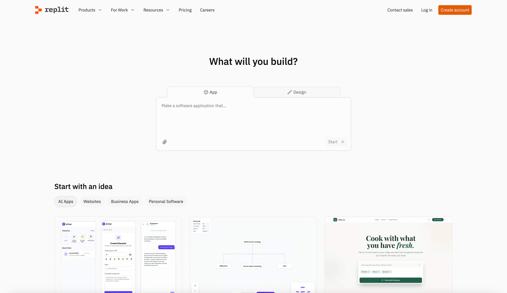 Replit-Webseite mit Frage ‚What will you build?‘ und Optionen für App oder Design, darunter Abschnitt ‚Start with an idea‘ mit Kategorien für KI-Apps, Websites, Business-Apps und persönliche Software.