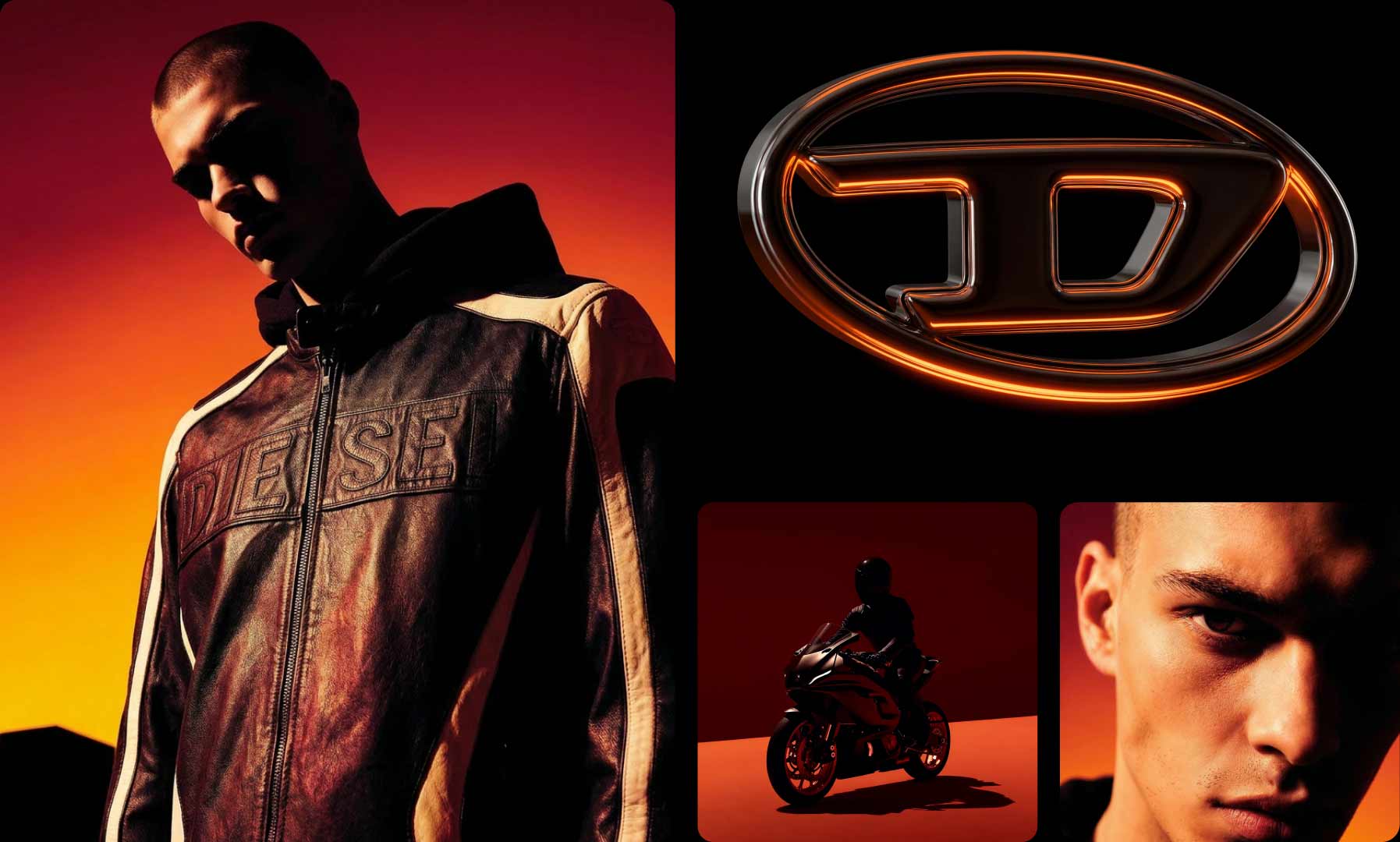 Mann mit Sonnenbrille und Lederjacke mit Diesel-Logo vor orange-rotem Hintergrund, daneben leuchtendes Diesel-Logo und Motorradfahrer.
