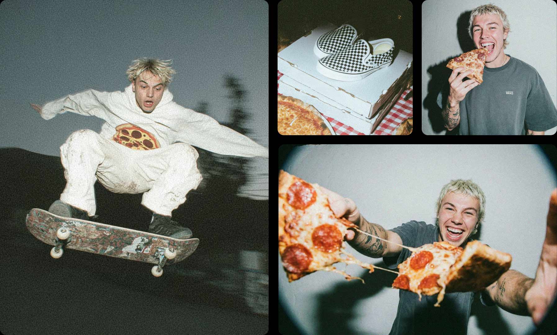 Junger Mann springt mit Skateboard in weißem Outfit mit Pizza-Motiv, daneben Vans-Schuhe auf Pizzaschachteln und Junge isst lachend Pizzastück.