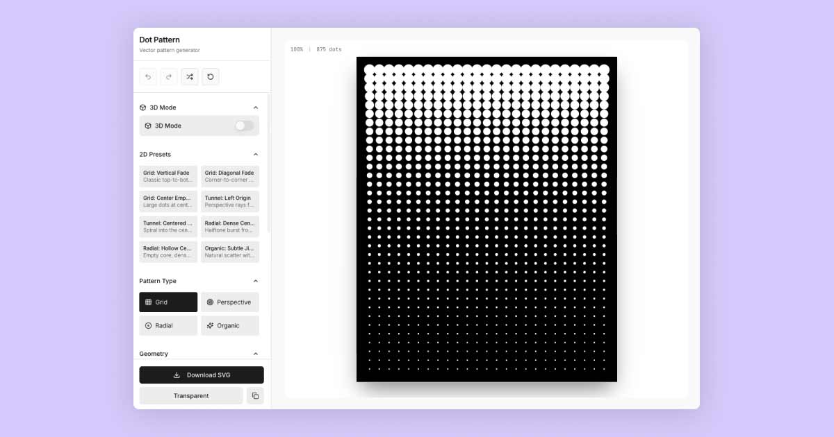 Bildschirmfoto eines punktförmigen Muster-Generators mit einem schwarzen Quadrat voller weißer Punkte, die von oben nach unten kleiner werden.