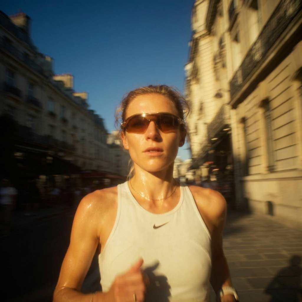 Frau joggt draußen an einem sonnigen Tag in der Stadt mit Sonnenbrille und weißem Sporttop.