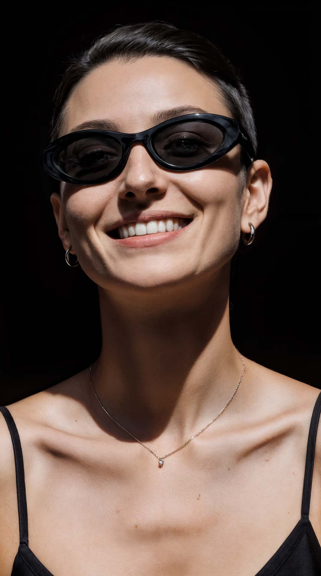 Frau mit kurzen Haaren, schwarzer Sonnenbrille, silbernem Halskettchen und schwarzen Trägern lächelt.