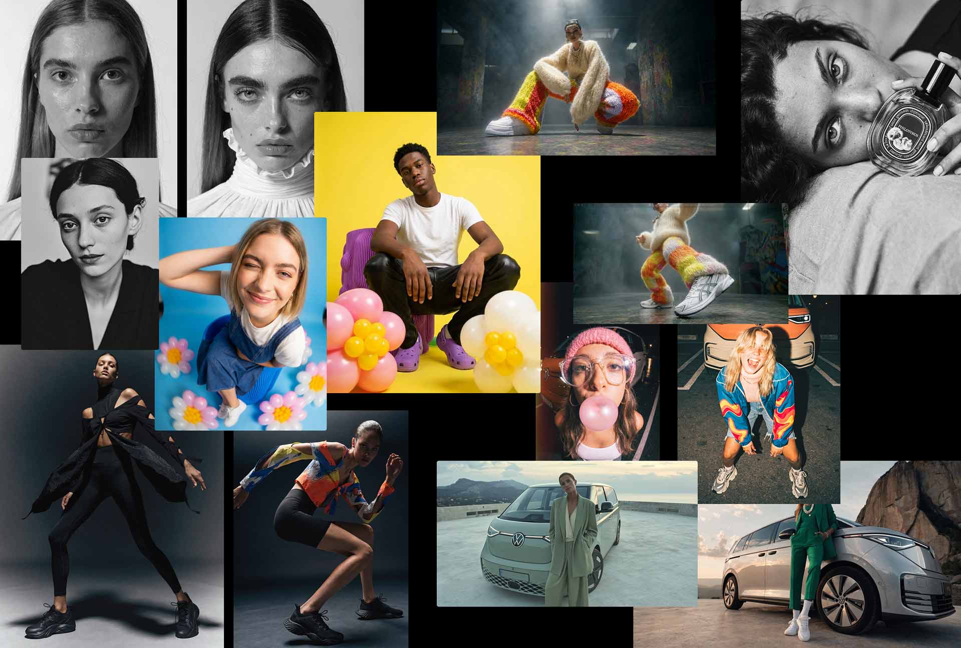 Collage aus Porträts und Ganzkörperfotos verschiedener Menschen mit bunter Kleidung und Autos.