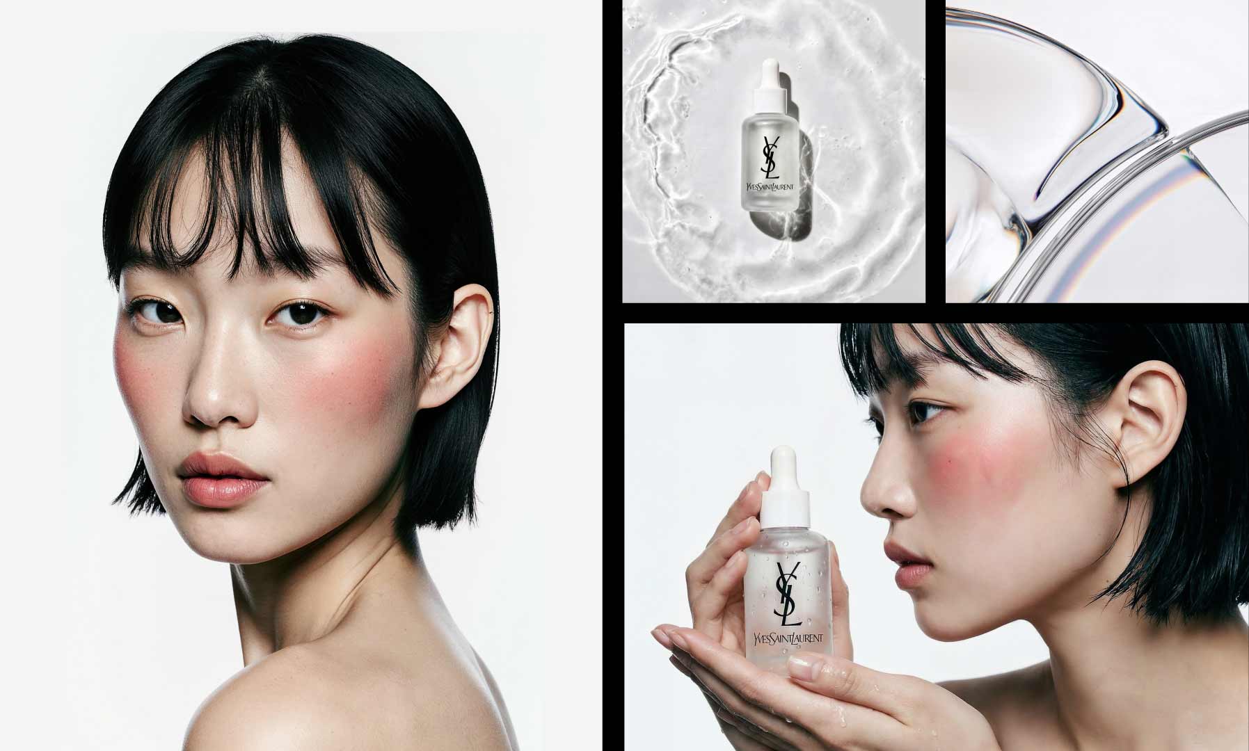 Porträt einer Frau mit glänzender Haut, die YSL-Serumflasche hält und sich neben der Produktaufnahme befindet.