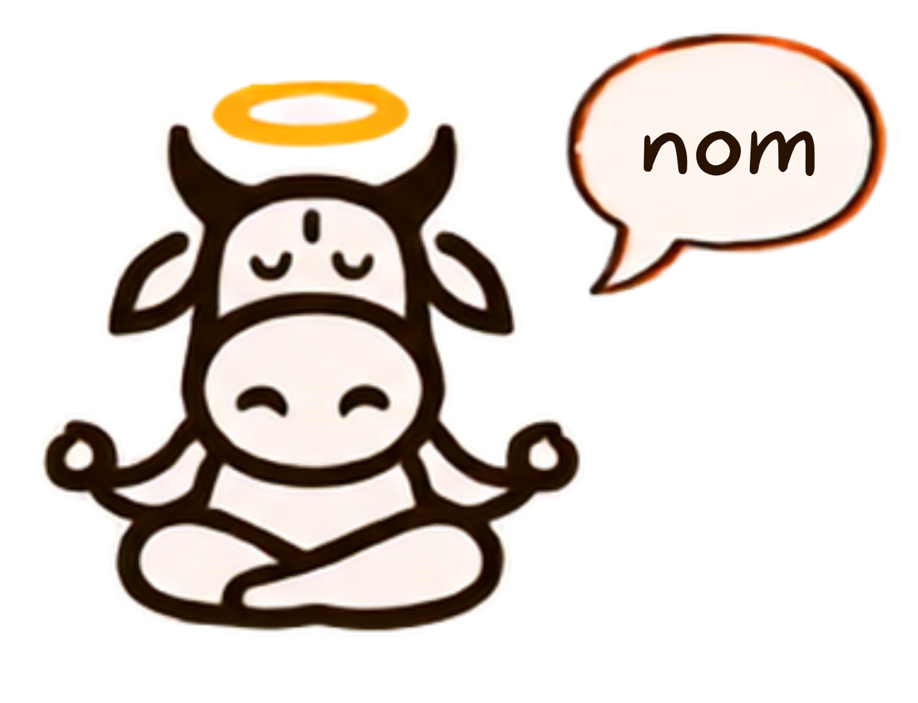 Holy Cow mascot meditating saying nom