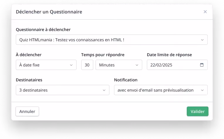 Exemple de questionnaire interactif Dendreo : outil quiz performant pour valider les acquis post-formation