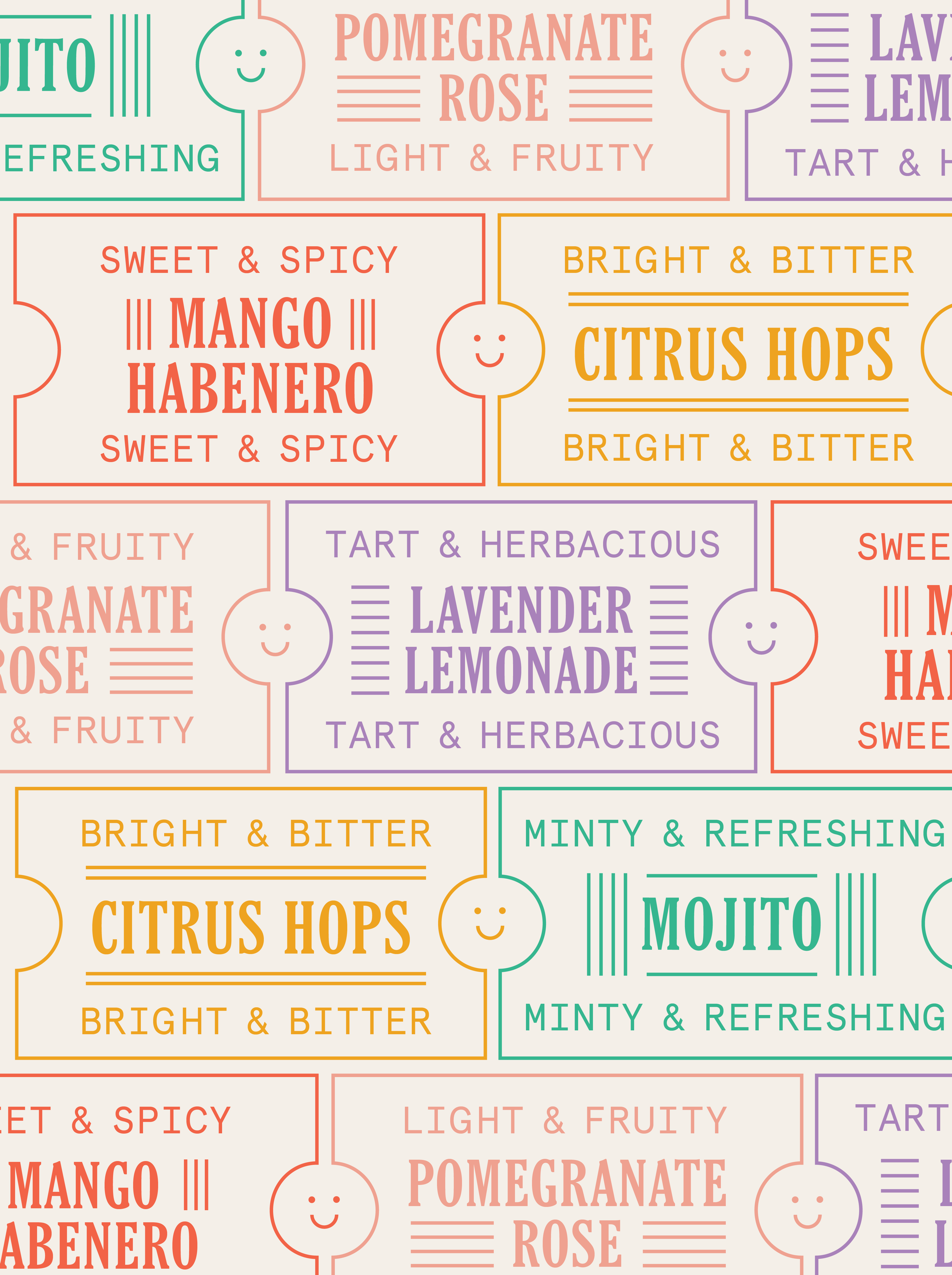 Repeat pattern of colorful Daypass flavor name ticket badges
